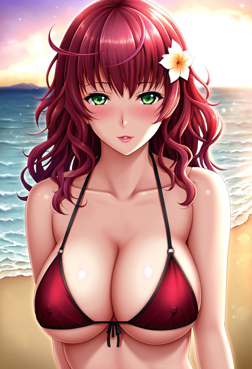 ai_generated beach bikini bikini_top breasts devola female female_only flower flower_in_hair green_eyes large_breasts nier:_automata nier_(series) nier_replicant pale-skinned_female red_hair sunrise upper_body wavy_hair