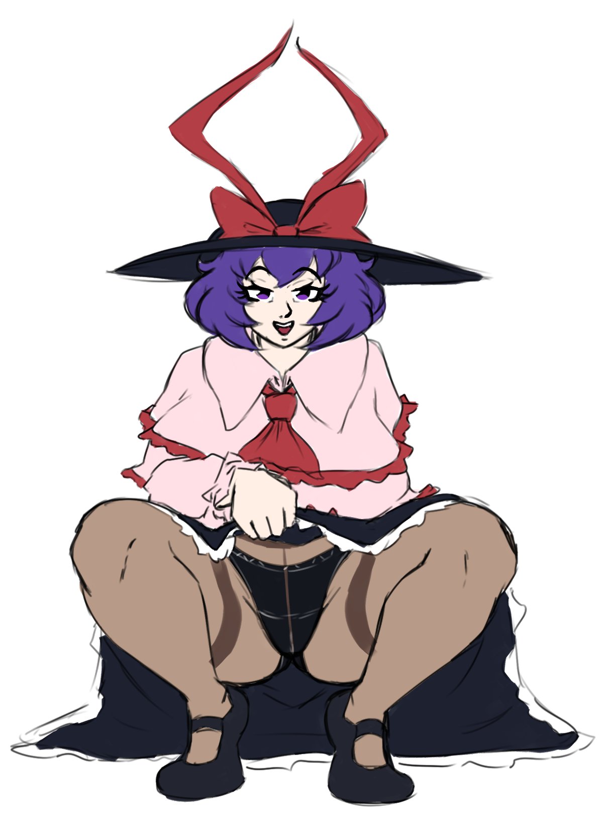 1girls 2021 big_breasts black_panties breasts clothed clothing female flat_colors footwear hat iku_nagae inviting looking_at_viewer panties pantyhose purple_hair red_eyes skirt skirt_lift solo spookoarts squatting touhou underwear