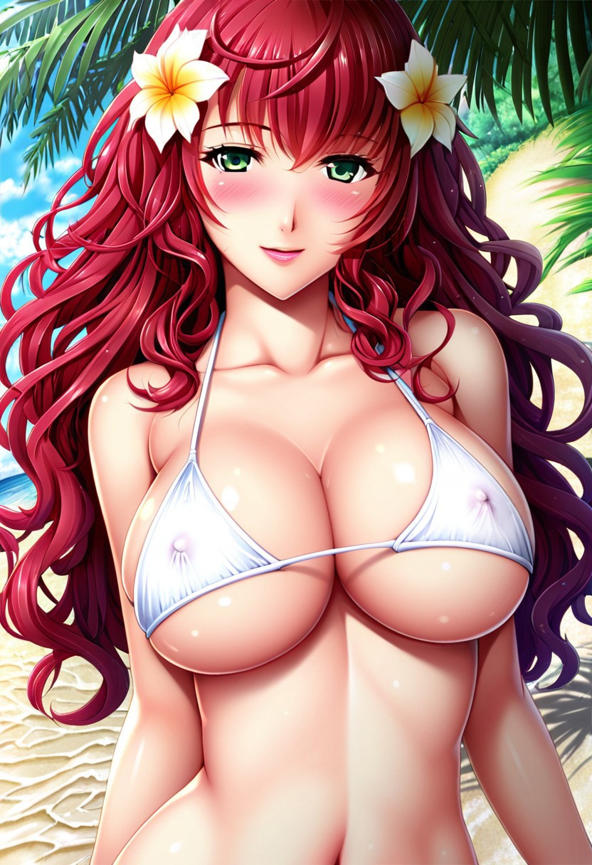 ai_generated beach bikini bikini_top breasts devola female female_only flower flower_in_hair green_eyes large_breasts nier:_automata nier_(series) nier_replicant pale-skinned_female red_hair smile sunrise upper_body wavy_hair