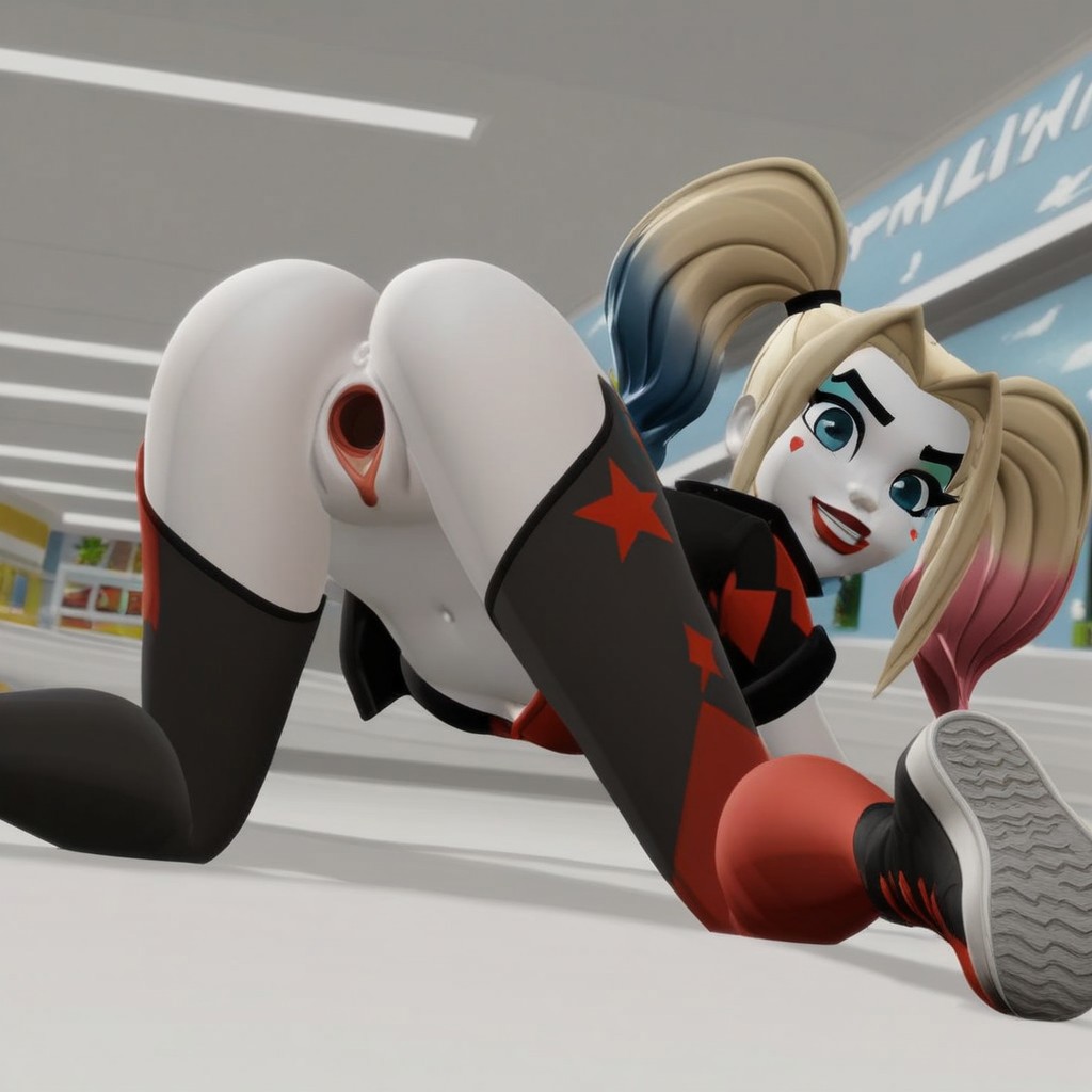 1girls ai_generated ass back_view bubble_butt dc dc_comics harleen_quinzel harley_quinn looking_at_viewer looking_back multiversus on_knees presenting_pussy pussy sitting solo solo_focus