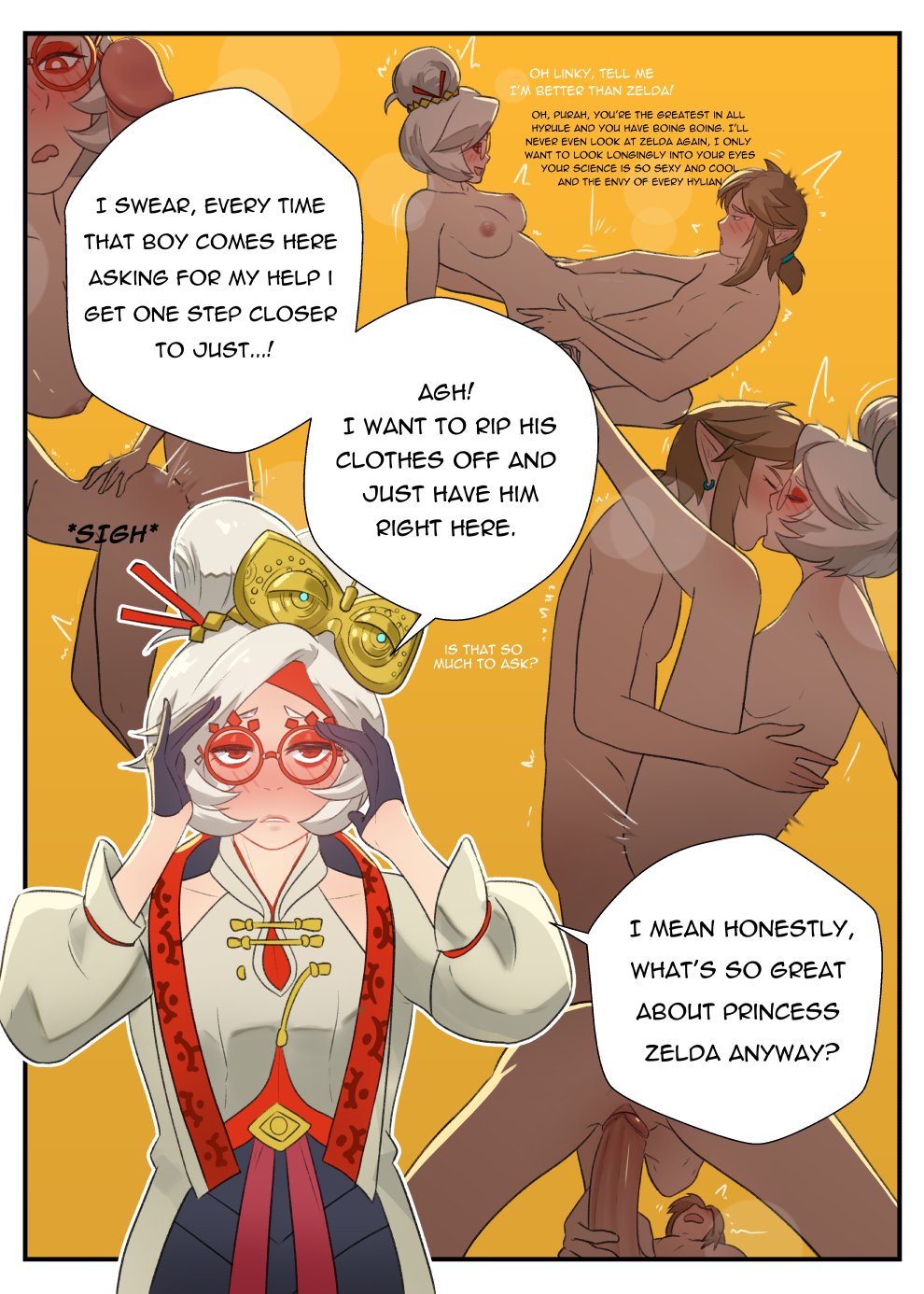 1boy, 1girls, blonde hair, breasts, closed eyes, comic, completely nude, compliment, cowgirl position, down bad, earrings, english commentary, english text, eyeshadow, fantasizing, female, frustrated, glasses, hair ornament, hair stick, highres, horny, imagining, imminent sex, indoors, kiss, kissing, link, link (tears of the kingdom), makeup, male, medium breasts, multiple views, nintendo, nipples, nude, nude female, paid reward available, penis, penis awe, pointy ears, pomelomelon, ponytail, purah, purah (tears of the kingdom), pussy, red eyes, red eyeshadow, red-framed eyewear, round eyewear, sex, sex from behind, sheikah, short hair, speech bubble, straddling, straight, tears of the kingdom, text, the legend of zelda, the legend of zelda: tears of the kingdom, uncensored, updo, vaginal, vaginal penetration, white hair