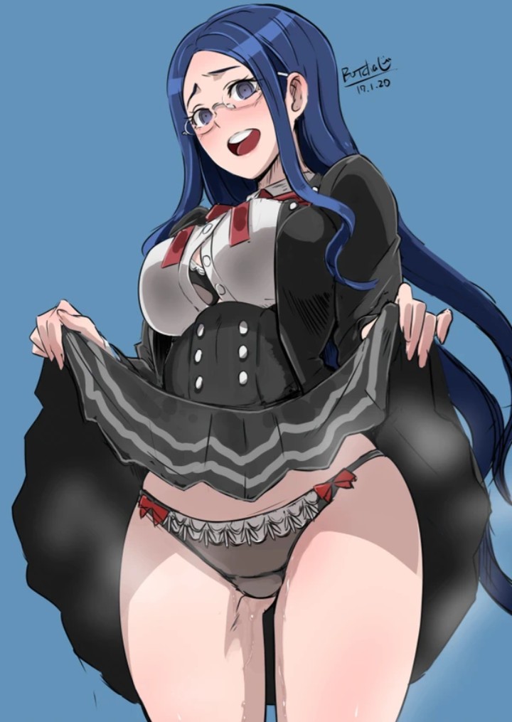 big breasts, black clothing, black panties, blue eyes, blue hair, blush, breasts, danganronpa, danganronpa v3, dripping, female, glasses, long hair, long skirt, looking at viewer, open mouth, panties, presenting, pussy, pussy juice, shirogane tsumugi, skirt lift, skirt pull, steam, straight hair, thick thighs, unbuttoned shirt
