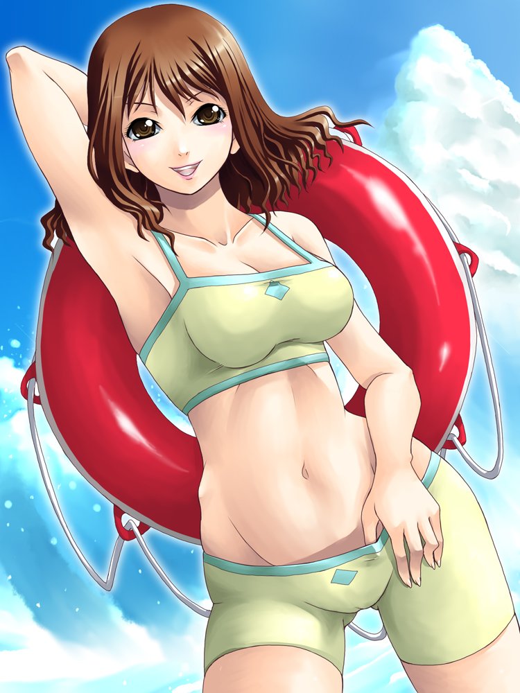 armpits bikini brown_eyes brown_hair cameltoe cissnei color crisis_core crisis_core_final_fantasy_vii female female_only final_fantasy final_fantasy_vii happy hot_pants human human_only innertube midriff short_shorts shorts sky solo straight_hair swimsuit yaso_shigeru