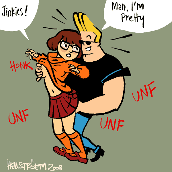 1boy 1girls 2008 areolae biceps blonde_hair blush blush_stickers bob_cut breast_fondling breast_grab breast_squeeze breasts breasts_out brown_hair cartoon_network clothed crossover dated dialogue english_text exposed_breasts female glasses hand_under_clothes hanna-barbera hellstroem human jinkies! johnny_bravo johnny_bravo_(series) kneehighs light-skinned_female light-skinned_male light_skin looking_back male muscles navel nipple_tweak nipples one_breast_out open_mouth pleated_skirt pompadour scooby-doo shirt_lift shirt_up short_hair signature simple_background skirt skirt_lift smile speech_bubble straight sunglasses surprised sweater velma_dinkley