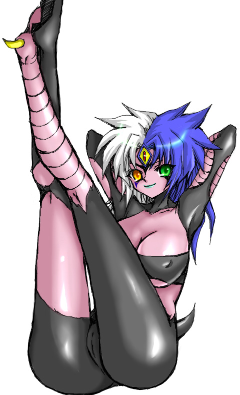 3_eyes blue_hair demon_girl duel_monster heterochromia legs_up nipples_visible_through_clothing pussy short_hair two_tone_hair white_hair yu-gi-oh! yu-gi-oh!_gx yubel