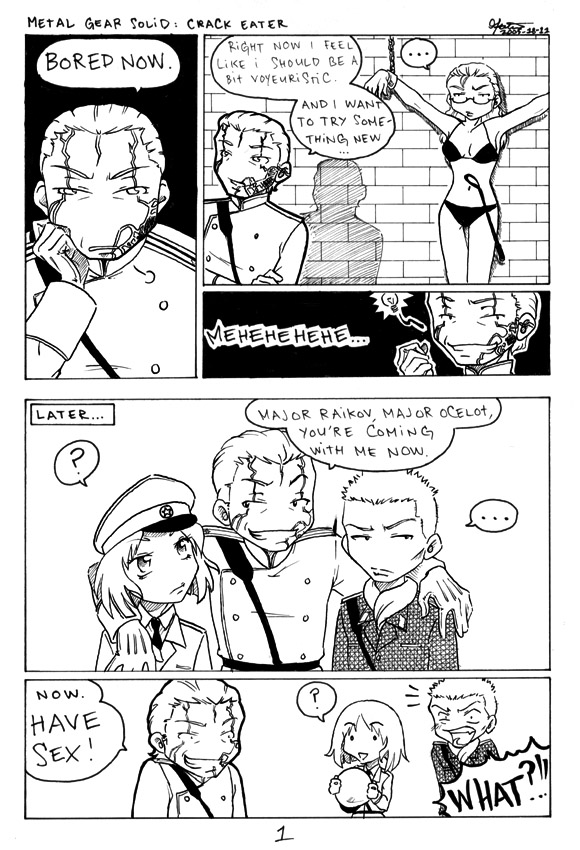 black_and_white comic eva_(metal_gear_solid) metal_gear_solid metal_gear_solid_3 monochrome raikov revolver_ocelot speech_bubble trap volgin yaoi young_ocelot