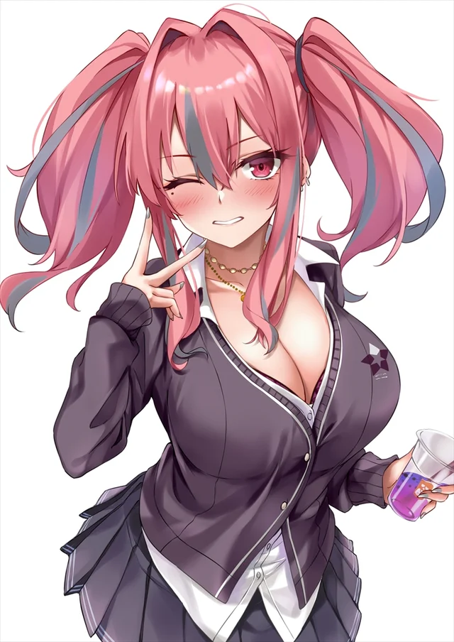 artist request, azur lane, beauty mark, big breasts, blush, breasts, bremerton (azur lane), cleavage, clothed, clothing, cup, cute, drink, earrings, female, hair ornament, happy, midriff, mole on breast, mole under eye, necklace, peace sign, pink eyes, pink hair, revealing clothes, school uniform, seductive, skimpy, skimpy clothes, skirt, smile, tagme, thick thighs, thin waist, two-tone hair, white background, wide hips