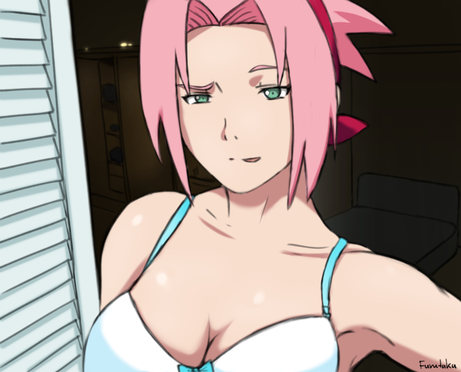 1girls, breasts, female, female only, furutaka, green eyes, naruto, naruto (series), naruto shippuden, pink hair, pink-haired female, sakura haruno, selfie, short hair, solo