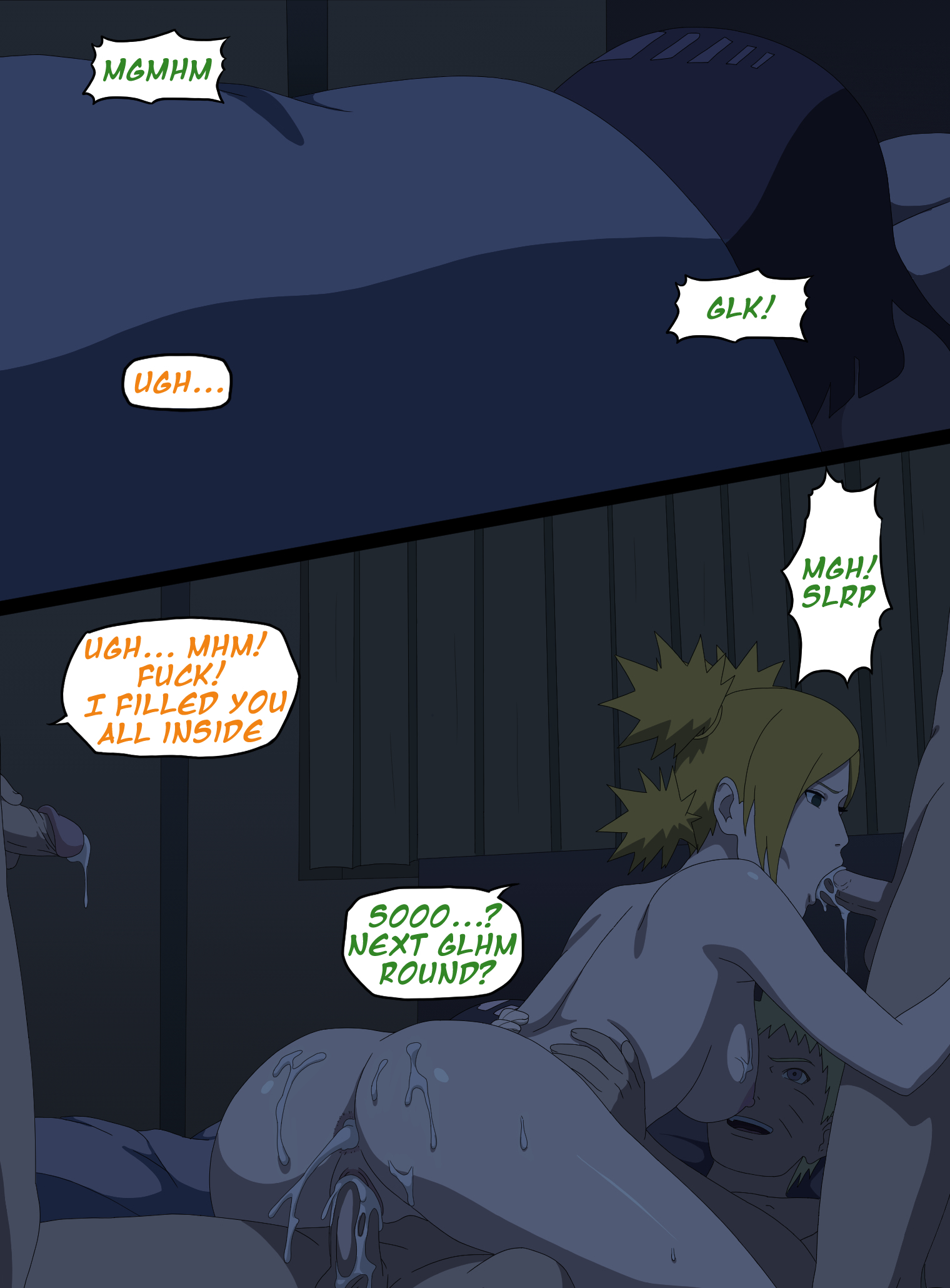 2girls, 3boys, accurate art style, adultery, affair, anus, ass, balls, bed, bedroom, blonde hair, blush, bodily fluids, boruto: naruto next generations, breasts, cheating, cheating (relationship), cheating husband, cheating wife, completely nude, cowgirl position, cuckquean, dark, dark room, dirty talk, double penetration, english language, english text, facial mark, fellatio, female, foursome, gangbang, genital fluids, group, group sex, husband and wife, hyuuga hinata, infidelity, insertion, landscape, large breasts, male, married female, mature, mature female, medium breasts, milf, mmmf foursome, multiple boys, multiple insertions, multiple males, multiple penises, nakadashi, nara temari, naruto, naruto (series), netorare, nipples, ntr, nude, on bed, on top, oral, orgy, penetration, penis, ponytail, pussy, quad tails, semen, semen covered, semen in anus, semen in mouth, sex, sex next to sleeping person, sex on bed, shadow clone jutsu, sleeping, spread legs, straddling, straight, straight sex, temari, testicles, text, tied hair, triple penetration, unfaithful, uzumaki hinata, uzumaki naruto, vagina, vaginal penetration, whisker markings