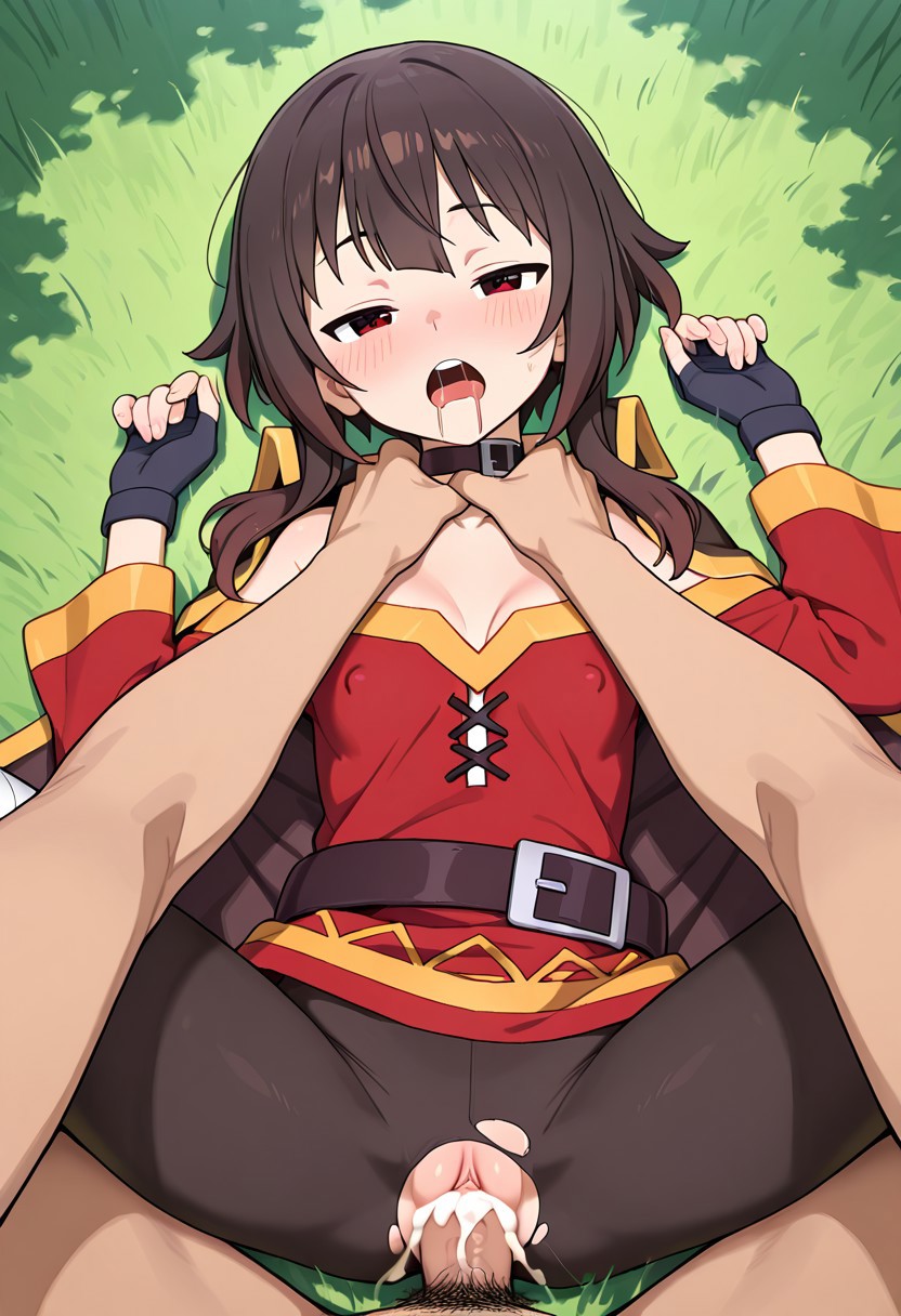 ai generated, breasts, brow, brown hair, chocker, chocking, cum in pussy, female, grass field, hands on neck, kono subarashii sekai ni shukufuku wo!, konosuba, megumin, nipples visible through clothing, passionate, pounding, pussy, pussy juice, ripped pants, short hair, tiny breasts