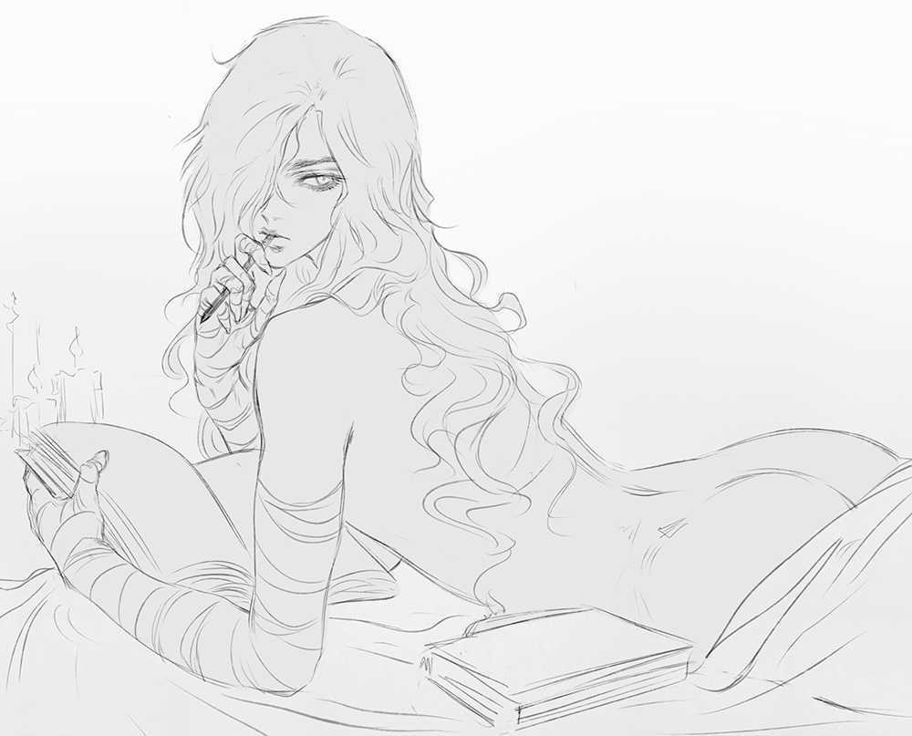 1boys, androgynous, bed, book, candle, femboy, feminine male, long hair, male, nathaniel (natthelich), natthelich, sketch, trap, white hair, writing
