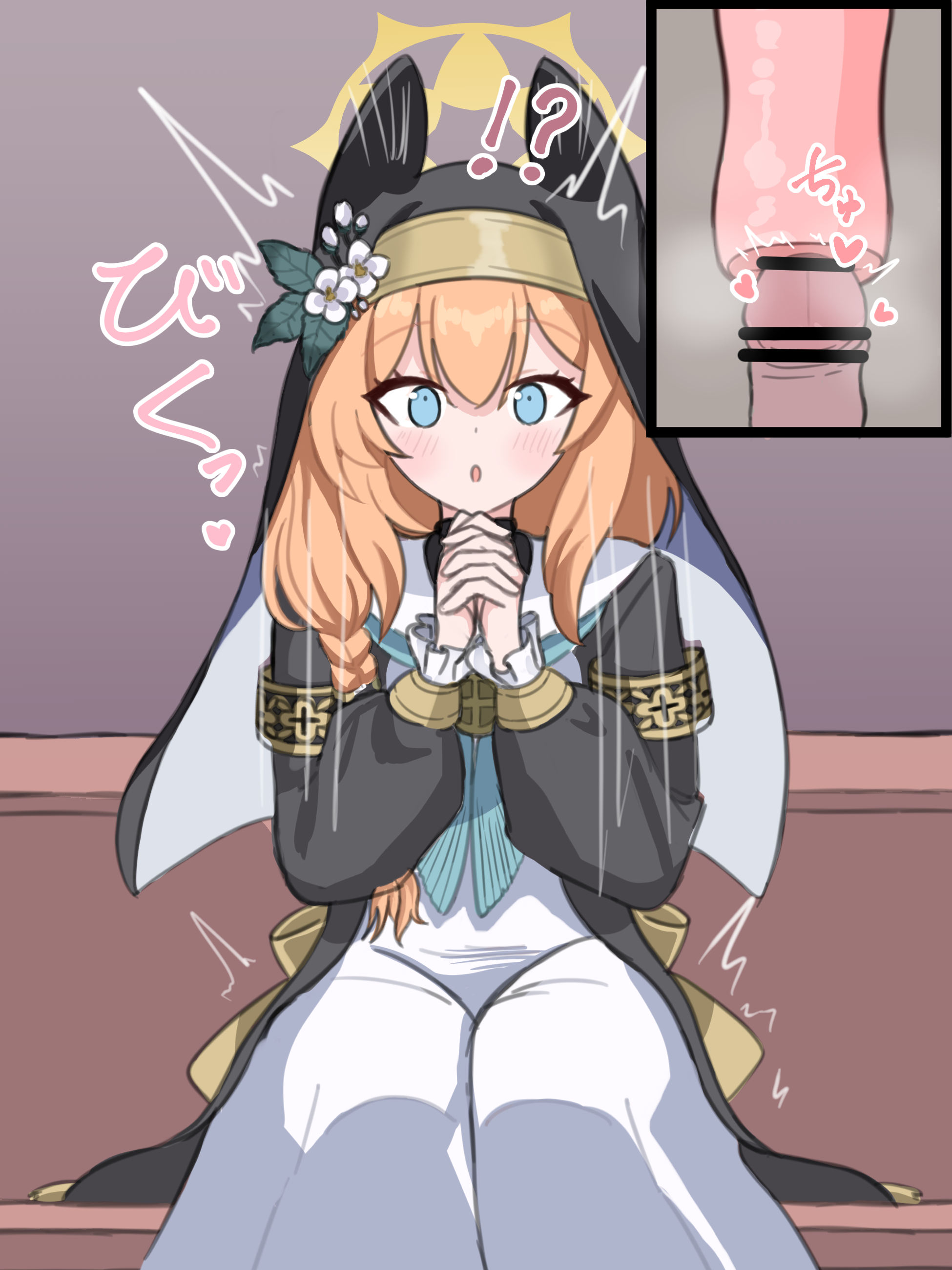 :o, !?, ^^^, absurdres, aoshiroon, armband, artificial vagina, asymmetrical hair, bar censor, black coat, blue archive, blue eyes, blue neckerchief, blush, braid, censored, coat, commentary request, disembodied penis, dress, erection, female, flower, halo, hands up, heart, highres, interlocked fingers, just the tip, long dress, long hair, long sleeves, looking at viewer, male, male masturbation, mari (blue archive), masturbation, motion lines, neckerchief, nun, open mouth, orange hair, own hands together, penis, sex toy, shared sense, sidelocks, single braid, sitting, solo focus, straight-on, surprised, translation request, trembling, veil, white dress, white flower, wide-eyed, yellow halo