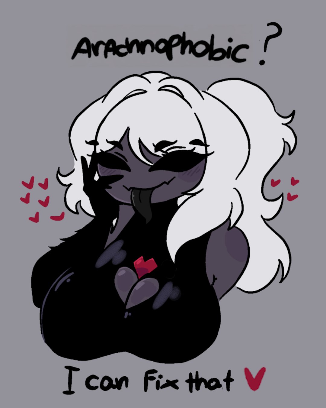 1girls, big boobs, big breasts, big tits, black dress, black sclera, boobs, breasts, dialouge, female, ponytail, purple skin, solo, spider girl, tits, zamzipperart