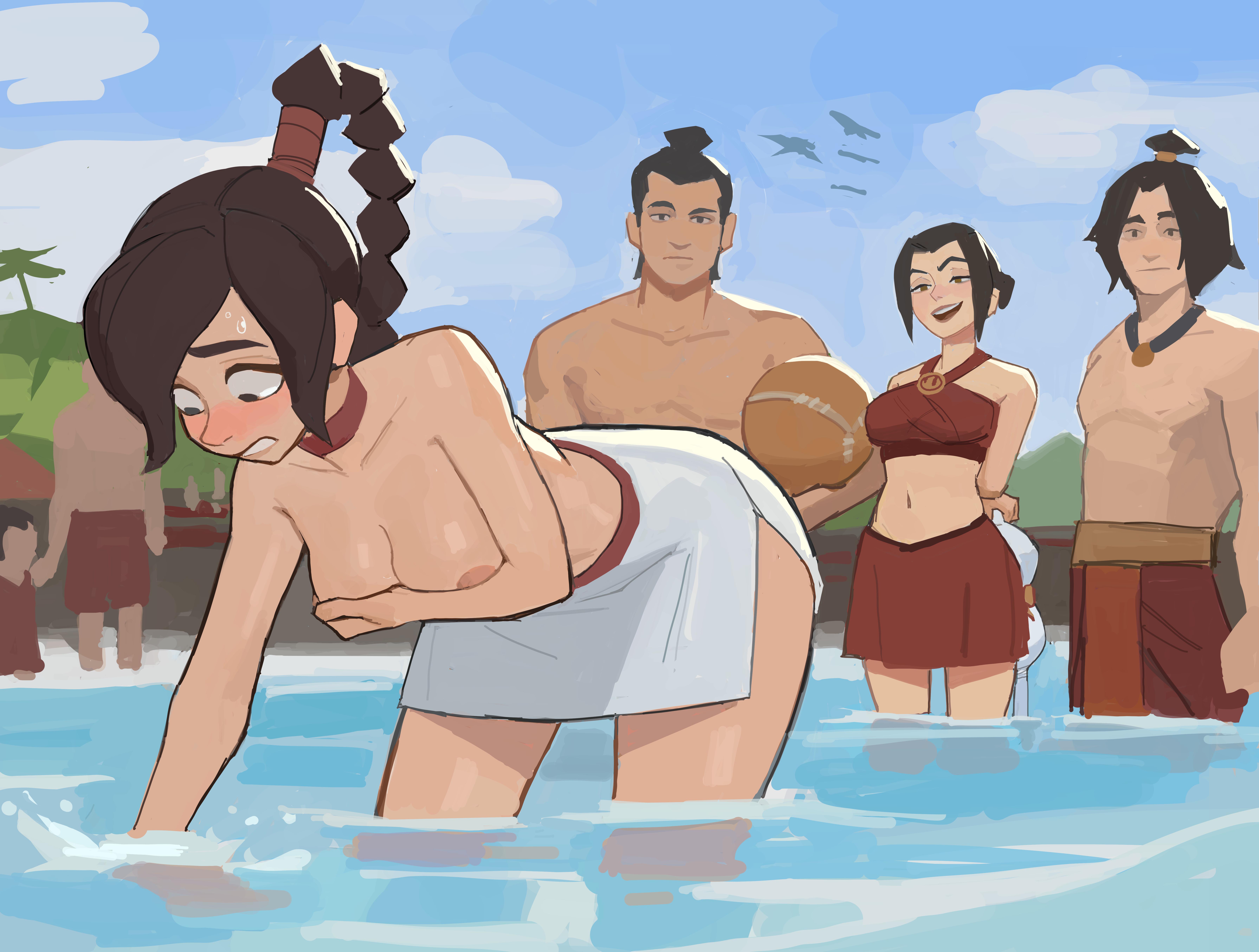 2boys, 2girls, accidental exposure, amugea, areolae, avatar legends, avatar the last airbender, azula, beach, bent over, big breasts, bikini, bikini top removed, blush, braid, breasts, brown hair, bullying, choker, covered nipples, covering breasts, embarrassed nude female, female, fire nation, human, humiliation, joke, light skin, male, multiple boys, multiple females, multiple girls, multiple males, nickelodeon, nipple slip, nipples, no bra, nonbender, ocean, outdoor nudity, outdoors, panicking, prank, public, public exposure, public nudity, public topless, searching, skirt, smug, solo focus, stolen bikini, stolen swimsuit, summer, topless, topless female, topless male, tropical setting, twitter, ty lee, water