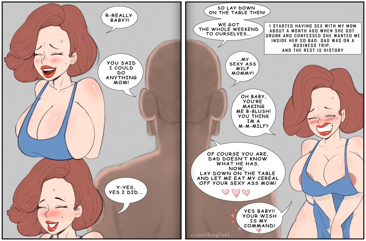 1boy, 1boy1girl, 1girls, apron, apron only, areola, areola slip, areolae, areolae slip, bangzlabz, big breasts, blush, breasts, comic, dialogue, english commentary, english text, female, female focus, heart, incest, large breasts, light skin, light-skinned female, lips, lipstick, male, male/female, mature female, mother, mother and son, text, text bubble