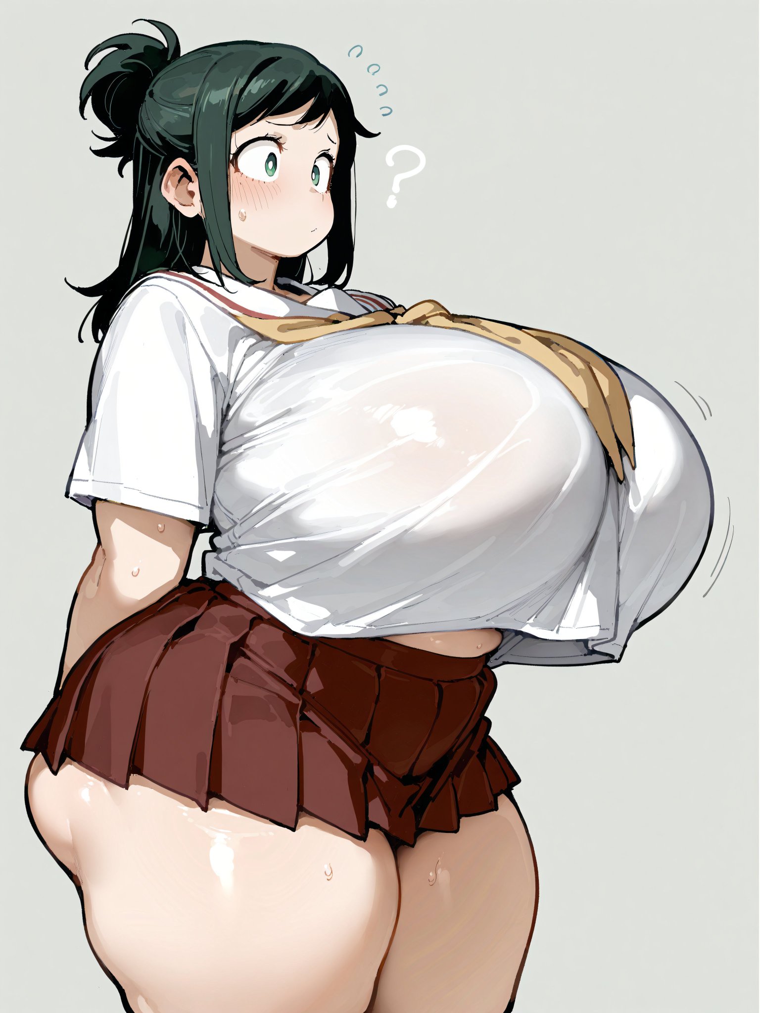 ai generated, bare thighs, bbw, big ass, big butt, boku no hero academia, breasts, chubby female, fat ass, female, gigantic ass, gigantic breasts, green eyes, green hair, hair bun, huge breasts, huge thighs, inko midoriya, light skin, light-skinned female, long hair, massive ass, massive breasts, mature female, milf, my hero academia, oatmealdood, oiled body, oiled skin, school uniform, shounen jump, solo female, squatting, sweat, sweatdrop, thick body, thick female, thick thighs, thighs, voluptuous, voluptuous female