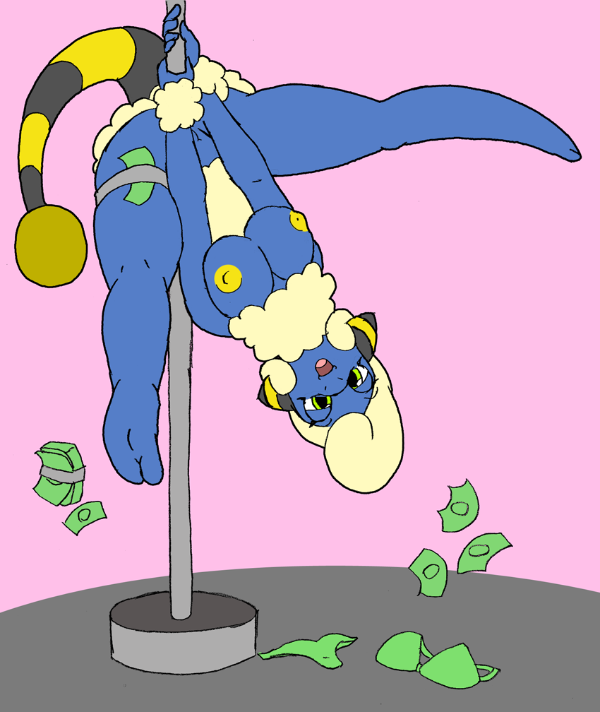 2019 2_toes anthro anthrofied ass bra breasts clothing dancing female green_eyes hair kohdoku lana_gale mammal mareep money nintendo nipples nude open_mouth panties pokémon_(species) pokemon pole pole_dancing pussy simple_background smile stripper stripper_pole striptease toes underwear upside-down video_games