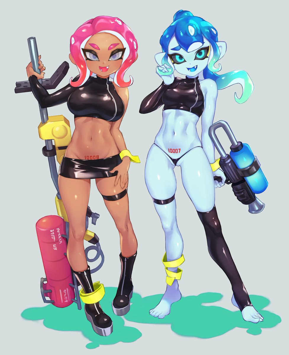 2girls agent_8_(splatoon) between_labia blue_eyes blue_hair blue_skin bracelet breasts crop_top female female_only innie_pussy jtveemo latex lowleg lowleg_skirt micro_panties microskirt navel nintendo nipple_bulge octoling original_character pink_hair pubic_tattoo pussy_floss skindentation skirt splatoon splatoon_2:_octo_expansion tattoo tentacle_hair thong toned