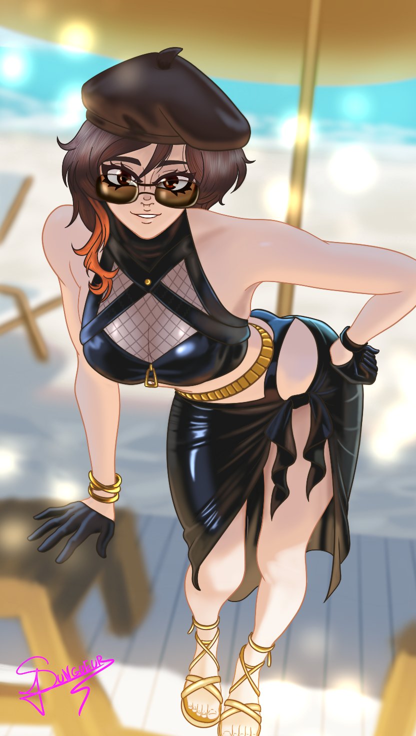 1girls, beach, brown eyes, brown hair, brown-haired female, cleavage, clothed female, coco adel, female, gloves, looking over eyewear, looking over sunglasses, orange streak, pose, posing, rwby, solo female, sunglasses, sungueur, swim skirt, tinted eyewear