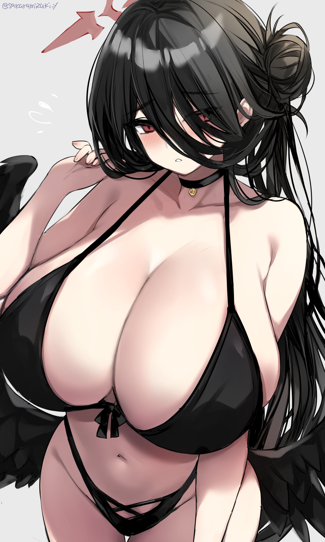 1girls, artist name, bikini, black bikini, black choker, black wings, blue archive, breasts, choker, cleavage, female, female only, hair between eyes, halo, hasumi (blue archive), hasumi (swimsuit) (blue archive), highres, huge breasts, justice task force (blue archive), light skin, light-skinned female, long hair, low wings, navel, official alternate costume, red eyes, red halo, solo, swimsuit, trinity general school student, urabanasimati, very long hair, wings