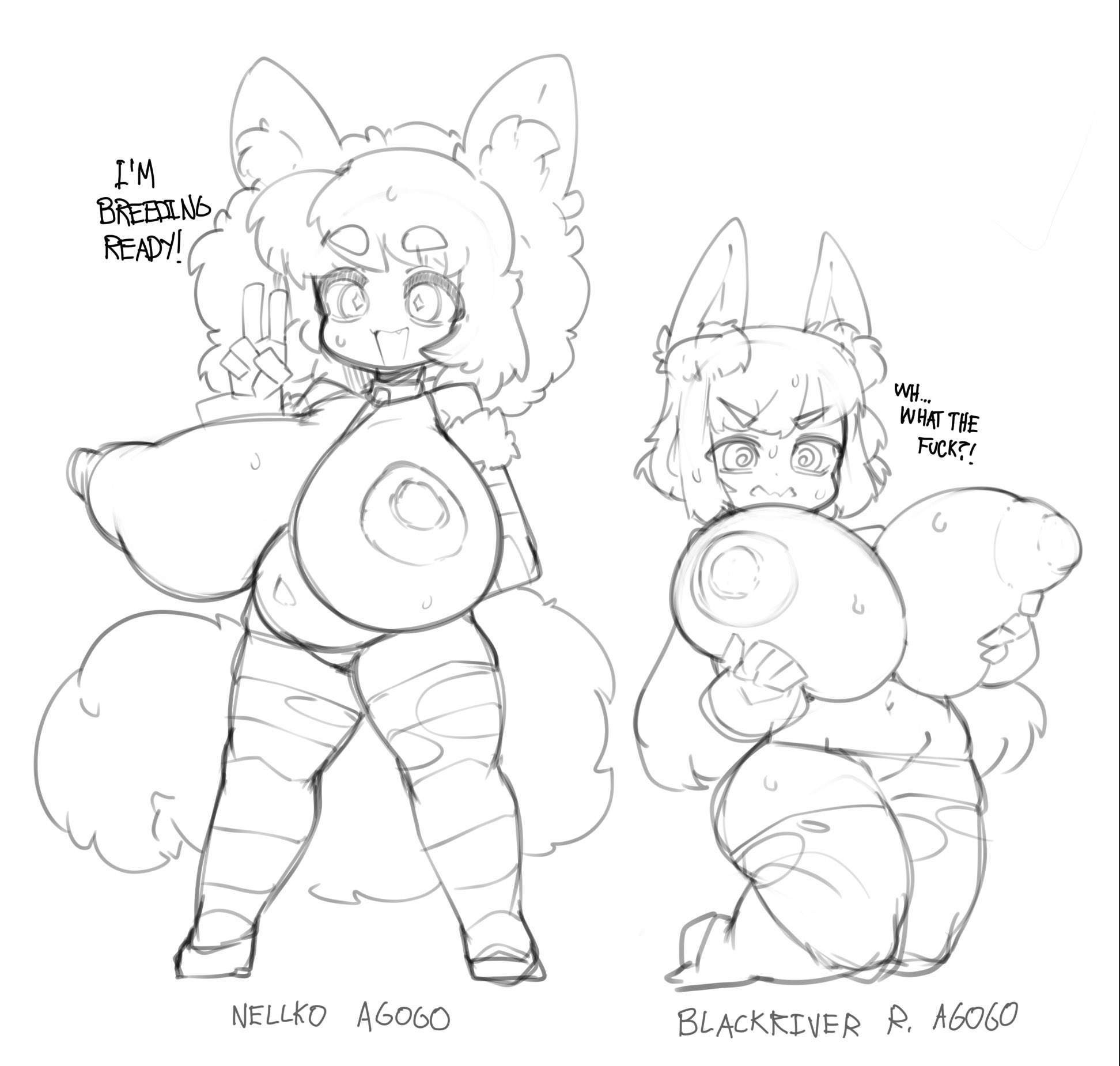2girls, blackriver, blackriver agogo, breasts, cat ears, cat girl, catgirl, female, huge breasts, line art, nellko agogo, nipples, original, original character, r. blackriver agogo, slugbox, tagme