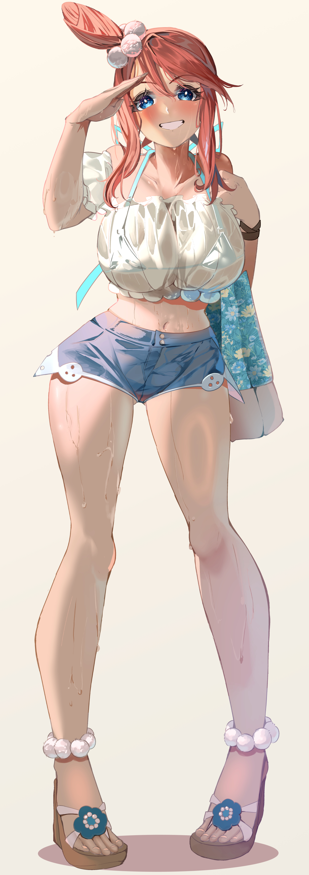 1girls, absurdres, anklet, bag, big breasts, bikini, bikini under clothes, bikini under shorts, blue bikini, blue eyes, blue shorts, blush, breasts, collarbone, crop top, denim, denim shorts, female, grin, hair ornament, halter bikini, halterneck, high heel sandals, high heels, highres, jewelry, legs, looking at viewer, midriff, momdy (talesshinja), navel, nintendo, off shoulder, off-shoulder shirt, official alternate costume, one side up, open mouth, open toe footwear, open toe heels, open toe shoes, platform sandals, pokemon, pokemon bw, pokemon masters, pokemon masters ex, red hair, sandals, see-through clothes, shirt, shorts, shoulder bag, sidelocks, skyla (pokemon), skyla (summer 2025) (pokemon masters), smile, solo, swimsuit, teeth, wedge heels, wedgies