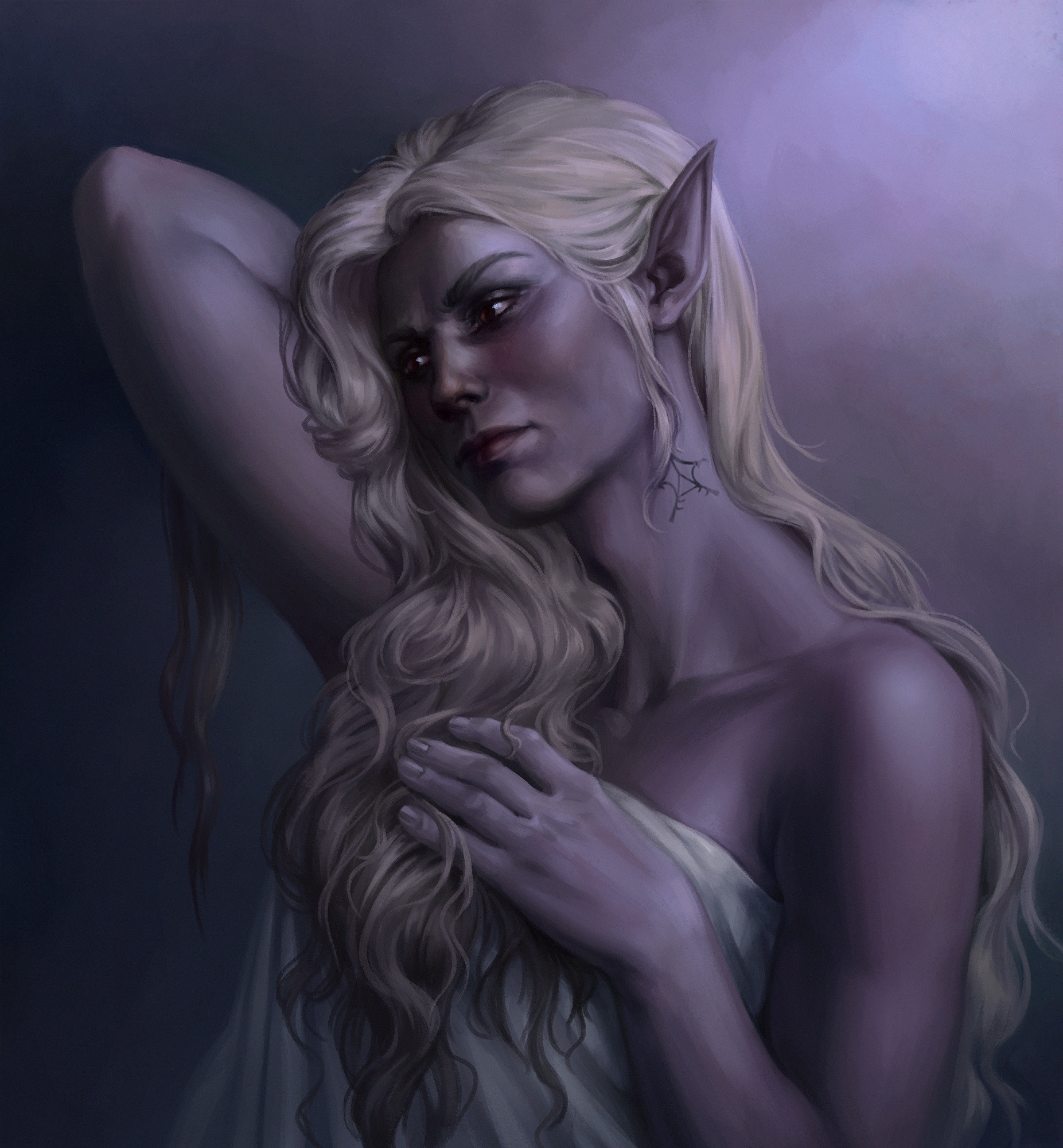 1girls, artistic, artistic nude, baldur's gate, baldur's gate 3, broad shoulders, clavicle, dark elf, digital drawing (artwork), digital painting (artwork), drow, drow (dnd), dungeons and dragons, elf, elf ears, elf female, female, female focus, female only, forgotten realms, larian studios, long hair, looking at viewer, minthara, no visible genitalia, nonsexual, nonsexual nudity, pauline kahnum, pinup, pointy ears, purple skin, red eyes, sensual, solo, solo female, solo focus, strong female, wavy hair, white hair, wizards of the coast