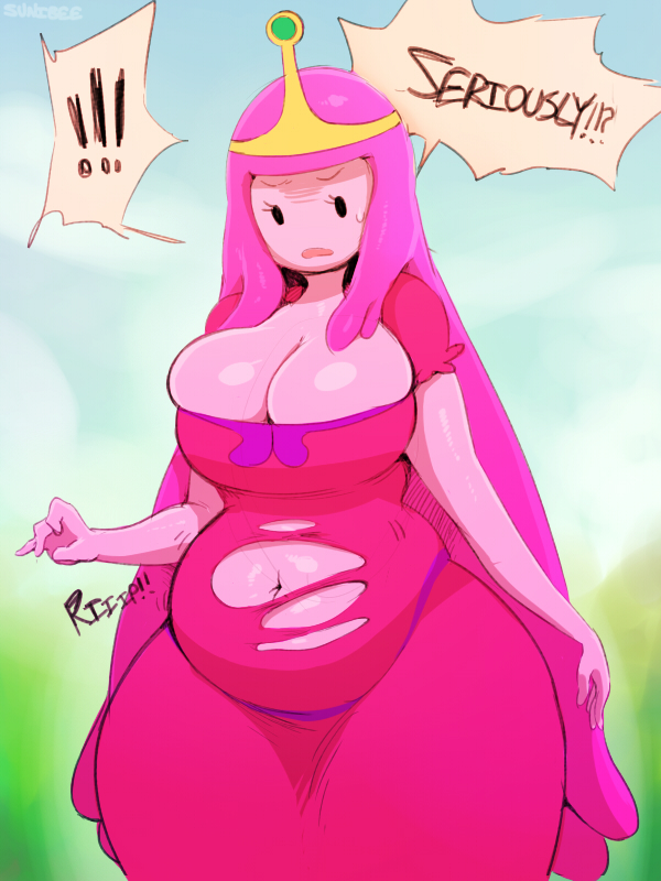 1girls adventure_time big_belly big_breasts cartoon_network chubby clothing crown fat female female_only huge_breasts overweight pink_hair pink_skin princess_bubblegum ripped_clothing slightly_chubby solo sunibee thick_thighs wardrobe_malfunction wide_hips