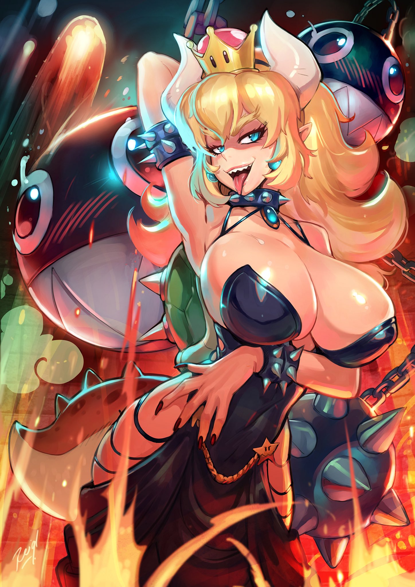 1girls, 2others, ambiguous gender, big breasts, big eyebrows, blonde hair, bowsette, breasts, chain chomp, cleavage, collar, dress, earrings, female, female focus, genderswap, hip vent, horns, jewelry, mario (series), monster girl, new super mario bros. u deluxe, nintendo, pointy ears, ponytail, reiq, rule 63, shell, signature, solo focus, spiked collar, super mario bros., thick thighs, tongue, tongue out, voluptuous, wide hips