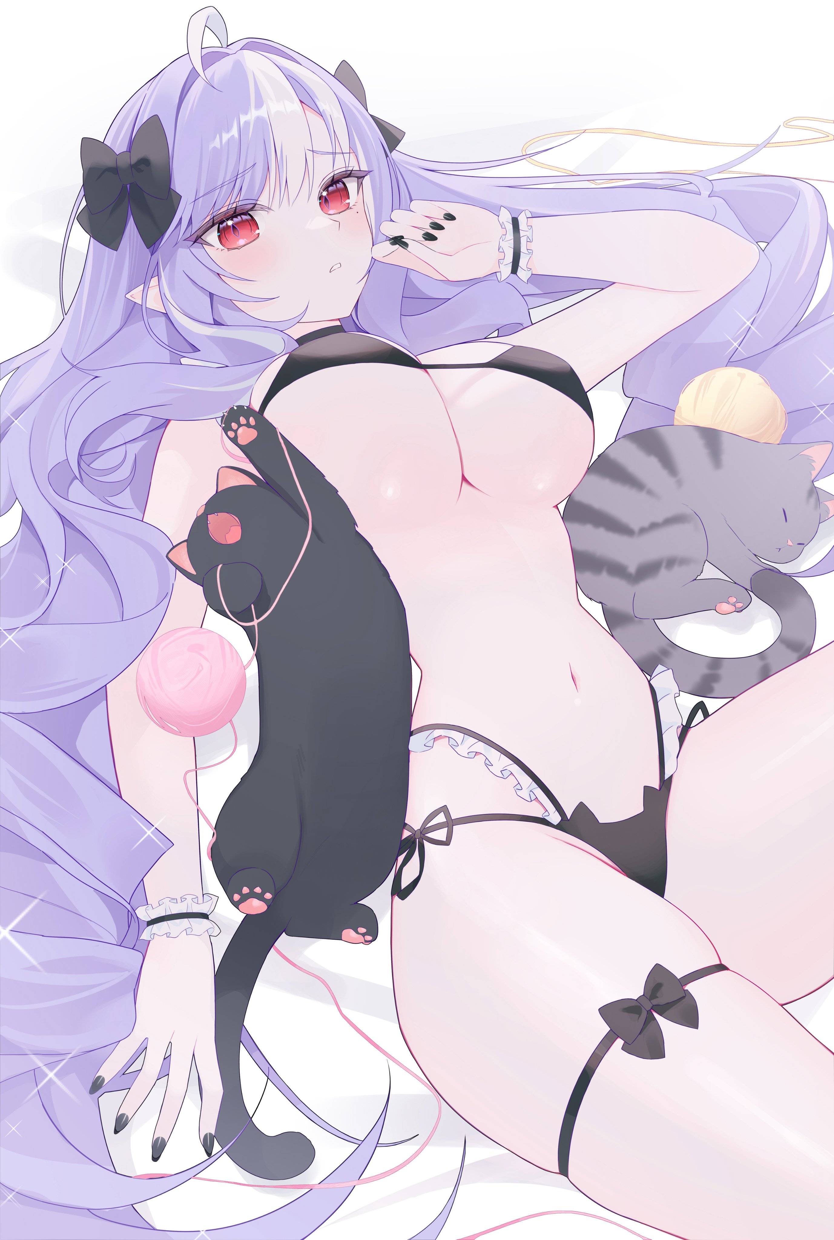 big breasts, black bra, black hair ribbon, black panties, bra and panties, breasts, cats, female, purple hair, red eyes, vivian (zenless zone zero), vivian banshee, yagen o3o, zenless zone zero