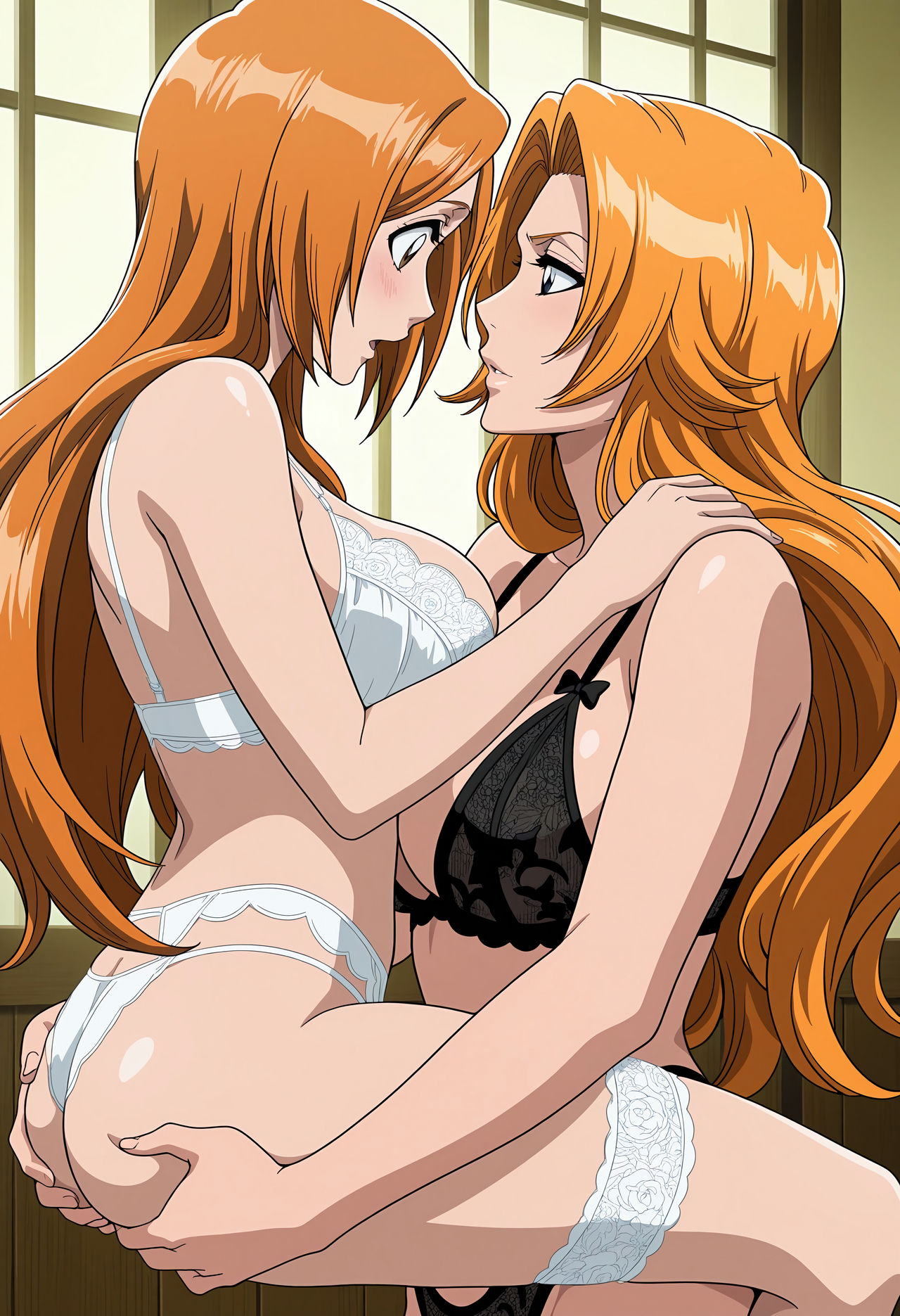2girls, age difference, ai generated, bleach, female, inoue orihime, lingerie, matsumoto rangiku, orange hair, stand and carry position, strawberry blonde hair, yuri