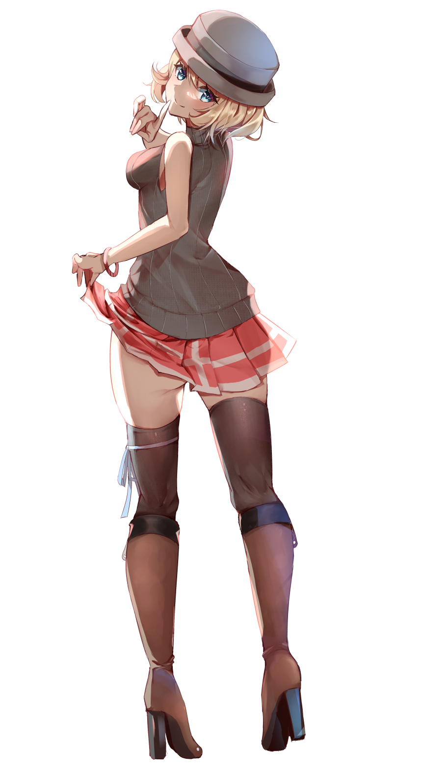 1girls, ass, blonde hair, blue eyes, breasts, closed mouth, clothes lift, female, hat, high heel boots, high heels, highres, looking at viewer, looking back, momdy (talesshinja), nintendo, pokemon, pokemon (anime), pokemon journeys, pokemon xy, serena (pokemon), shirt, short hair, skirt, skirt lift, sleeveless, sleeveless shirt, smile, solo, thighhighs