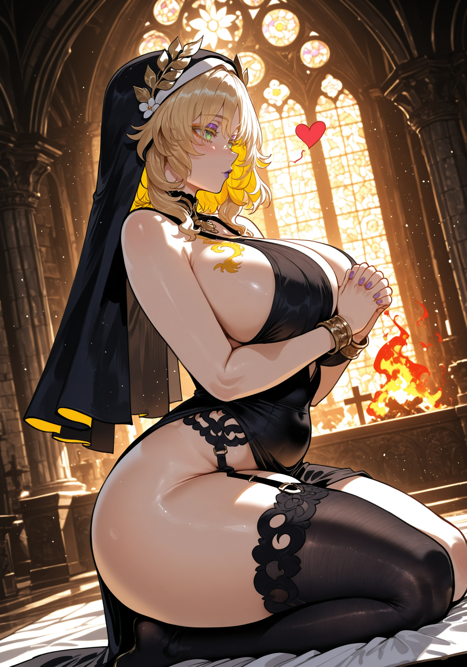 1girl, 1girls, aglaea (honkai: star rail), ahoge, ai assisted, ai generated, bangs, bare shoulders, black legwear, blonde hair, blush, breasts, cleavage, cross, curvaceous, curvy, curvy female, curvy figure, female, female only, green eyes, honkai (series), honkai: star rail, huge breasts, jewelry, looking at viewer, miyuai, nail polish, necklace, nun, revealing clothes, sitting, solo, thick, thick ass, thick butt, thick hips, thick legs, thick thighs, thighhighs, thighs, veil, voluptuous, voluptuous female, wide hips, wide thighs