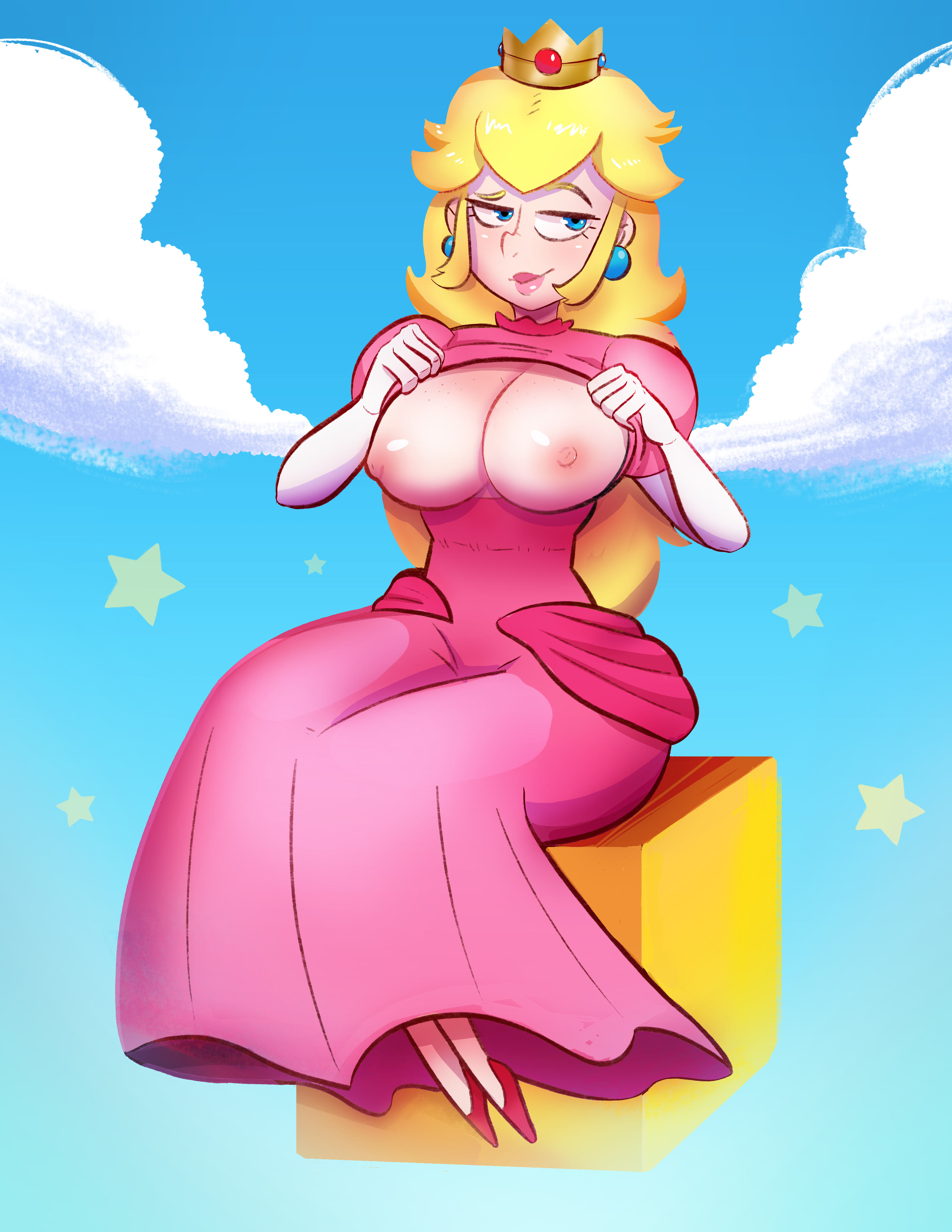 1girls, absurdres, areolae, bangs, blonde hair, blue eyes, breasts, breasts out, cleavage, cloud, clouds, crown, curvy, dress, earrings, elbow gloves, eyelashes, female, female only, flashing, flashing breasts, footwear, front view, full body, gloves, half-closed eyes, highres, hotkeke, human, large breasts, lipstick, long hair, mario (series), nintendo, nipples, outdoors, pink dress, pink lipstick, presenting breasts, princess, princess peach, royalty, shoes, sidelocks, sitting, sky, smile, solo, stars, super mario bros., very long hair