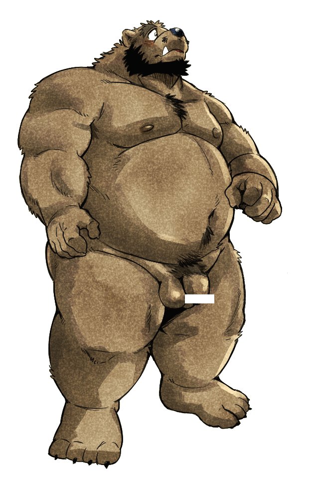 4_toes 5_fingers anthro balls black_hair blush body_hair censor_bar censored chest_hair claws flaccid front_view fur grey_fur hair happy_trail kumagaya_shin love_mechanic male male_only mammal muscular muscular_male navel nipples nude penis presenting pubes simple_background slightly_chubby solo standing toes tom_(lm) ursine white_background