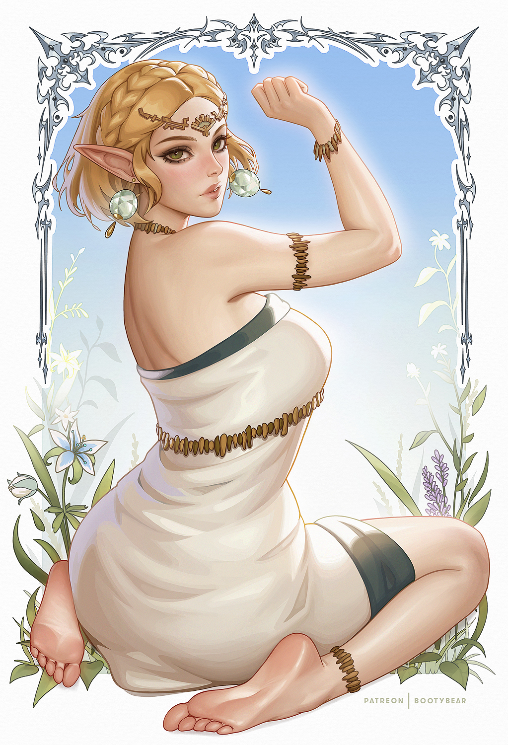 1girls, 2d, 2d (artwork), anklet, bare back, barefoot, bootybear, dress, feet, female, foot fetish, jewelry, kneeling, light skin, light-skinned female, on ground, on knees, pale skin, pale-skinned female, princess, princess zelda, soles, tears of the kingdom, the legend of zelda, the legend of zelda: tears of the kingdom, toes, white dress, zelda (tears of the kingdom)