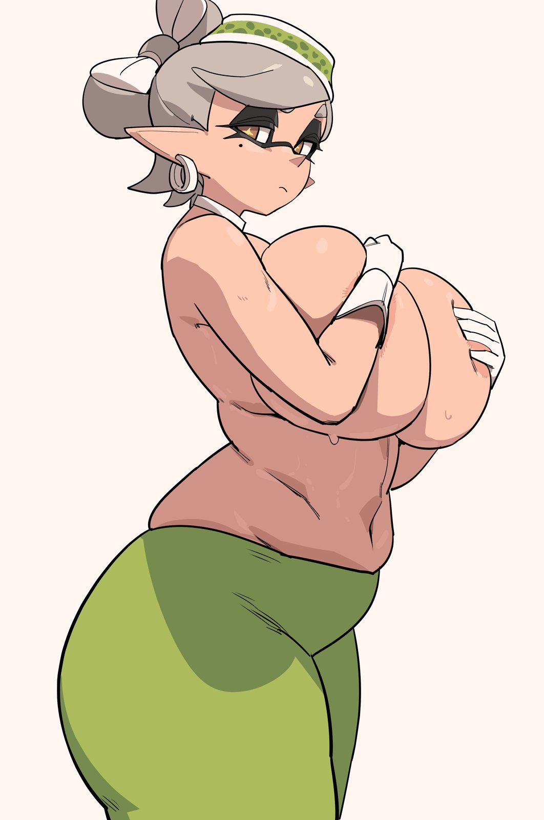 1girls, areolae, beauty mark, big breasts, breasts, covering breasts, domino mask, facial markings, female, female only, huge breasts, inkling, light skin, light-skinned female, long ears, marie (splatoon), mole under eye, nintendo, pointy ears, solo, solo female, splatoon, splatoon (series), squid sisters, standing, tentacle hair, thick thighs, thighs, topless, white hair, yellow eyes, yuta agc