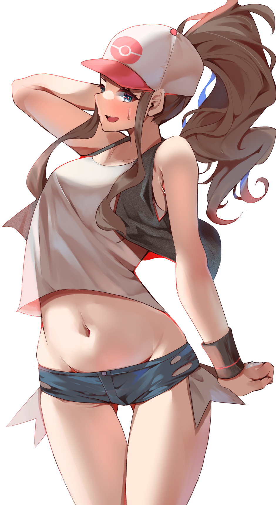 1girls, blue eyes, booty shorts, brown hair, female, highres, hilda (pokemon), minishorts, momdy (talesshinja), nintendo, pokemon, pokemon bw, ponytail, short shorts, shorts, solo