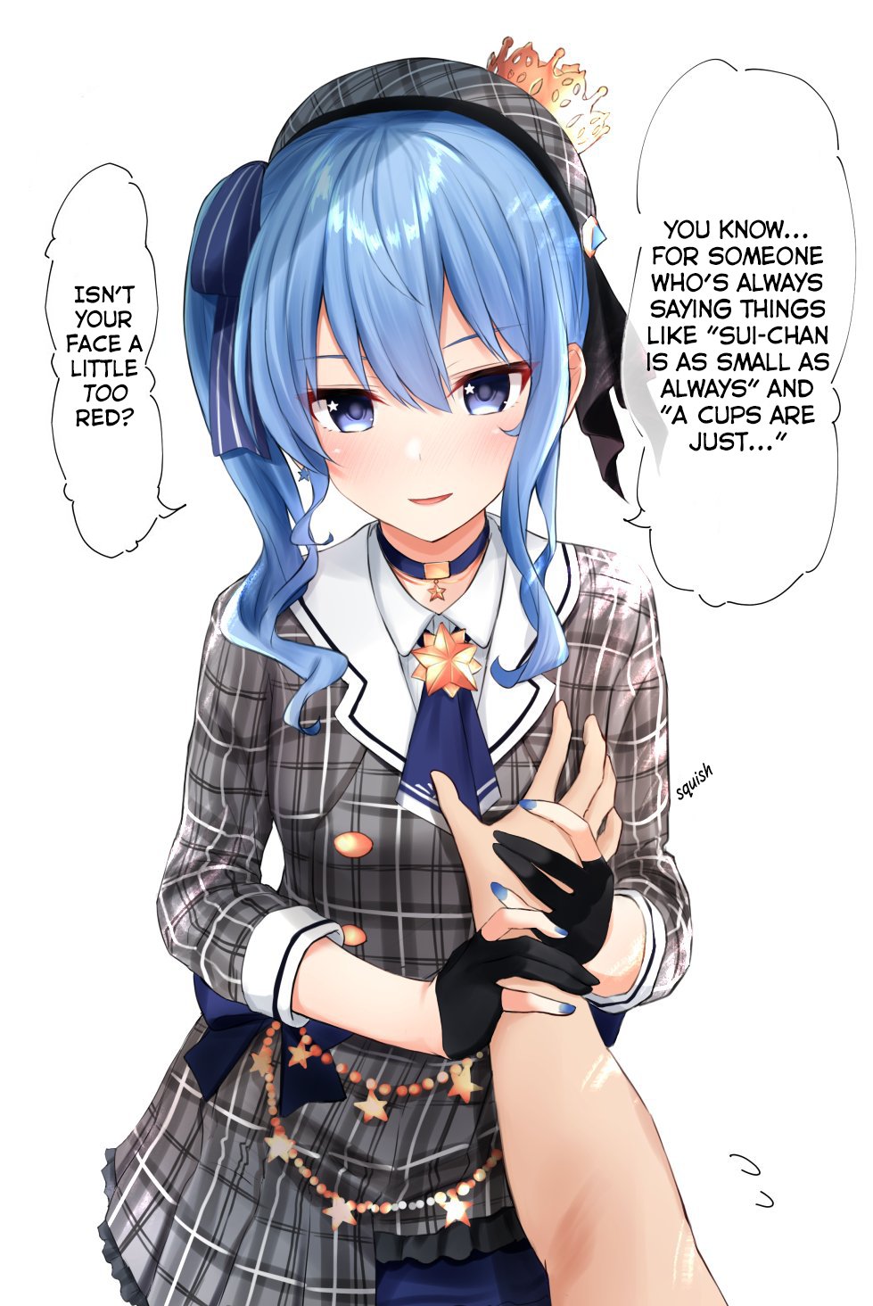 1girls, 2020s, 2021, ascot, black gloves, blue ascot, blue choker, blue eyes, blue hair, blue nails, blue ribbon, blush, breasts, choker, dress, english text, ex idol, female, flying sweatdrops, gloves, grabbing another's breast, grey dress, grey headwear, groping, guided breast grab, guiding hand, hair between eyes, hair ribbon, hat, hololive, hololive gen 0, hololive japan, hoshimachi suisei, hoshimachi suisei (1st costume), long hair, long sleeves, looking at viewer, nail polish, parted lips, partially fingerless gloves, plaid clothes, plaid dress, plaid hat, pov, pov hands, ribbon, side ponytail, simple background, smile, smiling at viewer, speech bubble, standing, star (symbol), star in eye, symbol in eye, teenage female, teenager, translated, virtual youtuber, white background, young, young female