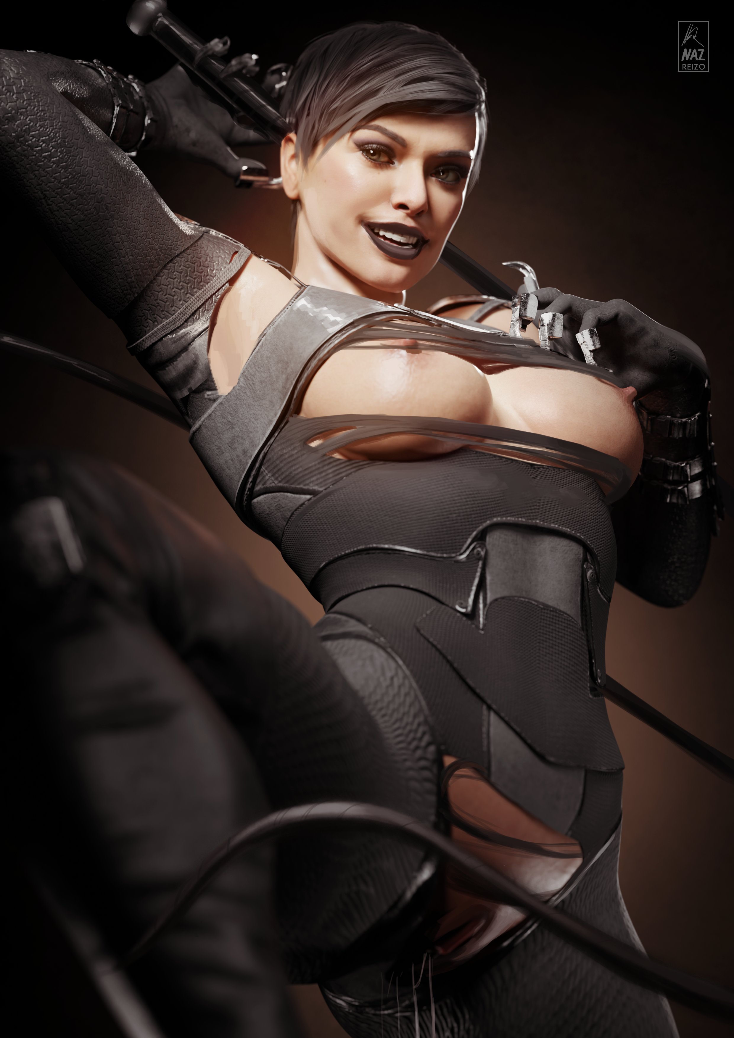 1girls, 3d, 3d (artwork), armpits, batman (series), black lipstick, boobs out, breasts, catsuit, catwoman, catwoman (injustice), cleavage, dark hair, dc, dc comics, dripping, dripping pussy, female, female focus, female only, injustice 2, light skin, light-skinned female, naz reizo, nipples, nipples outside, pale skin, pale-skinned female, pixie cut, pussy, pussy juice, pussy juice drip, pussy lips, pussy peek, selina kyle, short hair, simple background, solo, solo female, vagina, vaginal fluids, wet, wet pussy