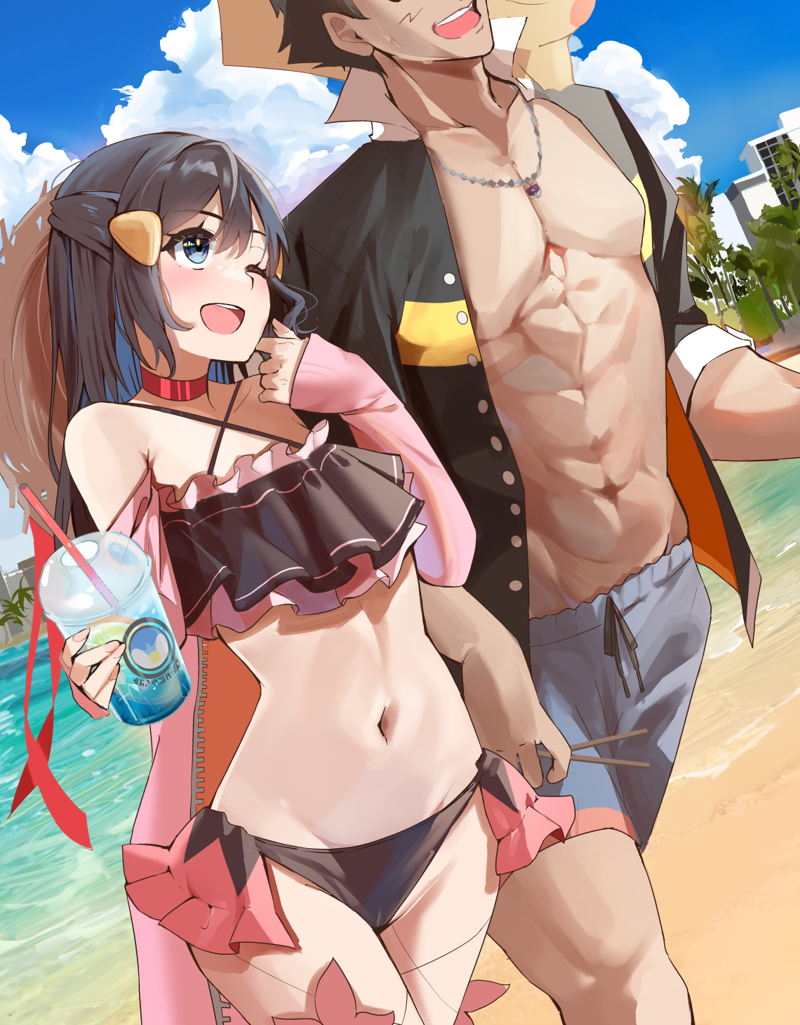 1boy, 1girls, abs, aged up, alternate costume, beach, belly button, bikini, black bikini, blue eyes, blue hair, blush, chain necklace, chains, choker, collarbone, curvy, dawn (pokemon), day, female, hat, highres, hourglass figure, jewelry, larger female, long hair, looking at another, male, momdy (talesshinja), muscular, muscular male, navel, necklace, nintendo, one eye closed, outdoors, pikachu, piplup, poke ball, pokemon, pokemon (anime), pokemon dppt (anime), red choker, satoshi (pokemon), shorts, sidelocks, smaller female, smoothie, straw hat, swimsuit, thighs, wide hips