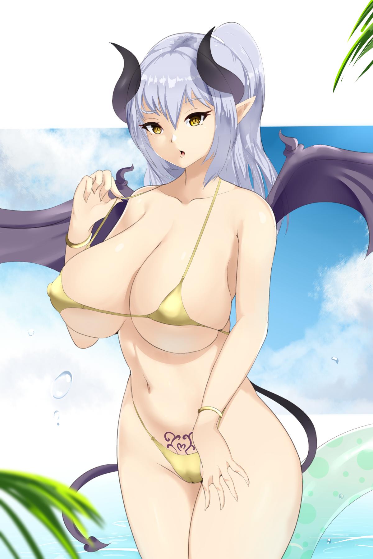 1girls, beach, big breasts, bikini, breasts, character request, clothing, demon, demon girl, demon horns, demon tail, demon wings, female, female only, grey hair, hair, horns, large breasts, original, original character, sana!rpg, solo, succubus, tail, wings, yellow eyes