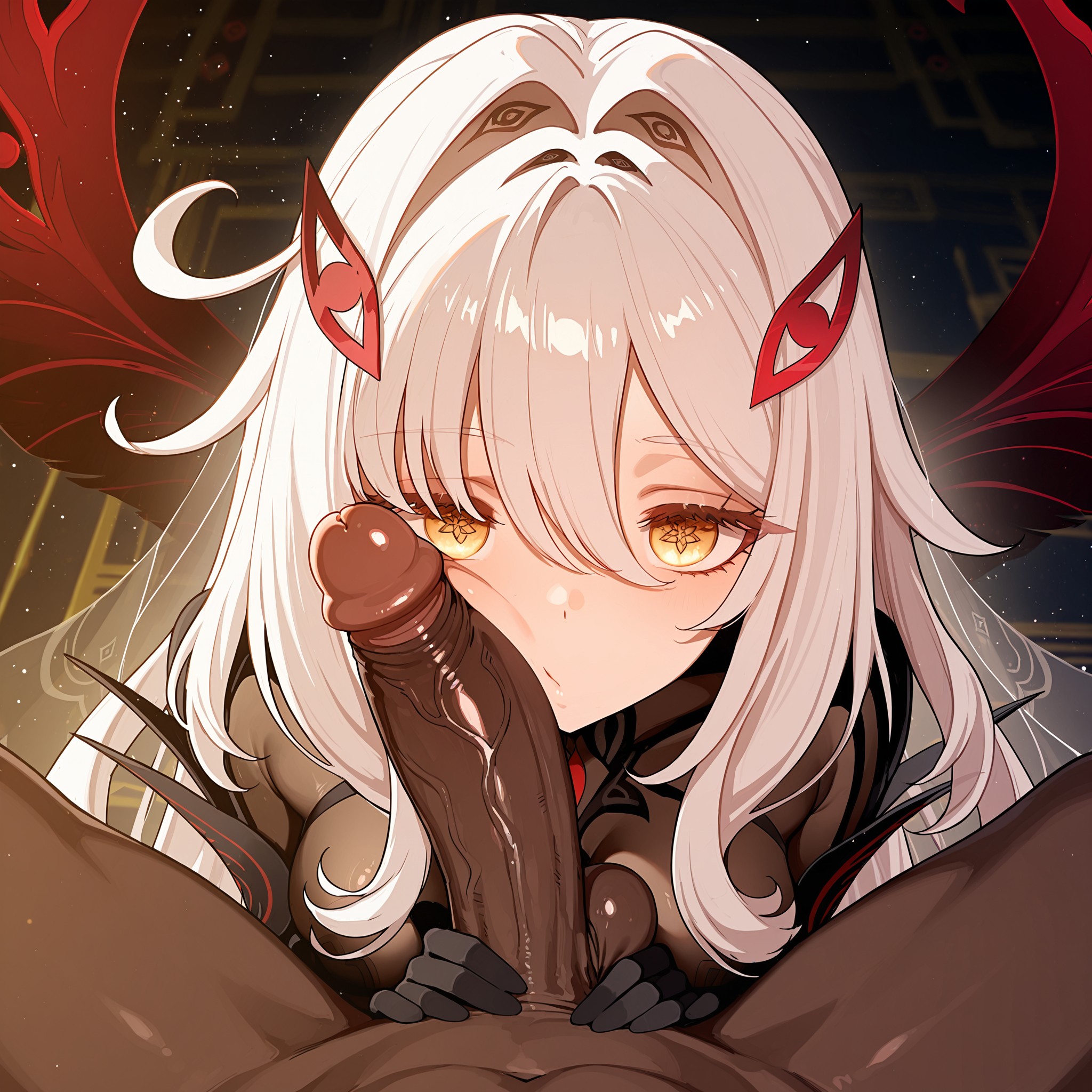 1boy, 1girls, ai generated, balls, blush, bodysuit, breasts, cheek press, closed mouth, clothed female nude male, dark skin, dark-skinned male, erection, female, genshin impact, gloves, hair between eyes, hair intakes, hair ornament, hairclip, hoyoverse, interracial, large penis, long hair, looking at viewer, male, medium breasts, mihoyo, nude, penis, penis on face, pov, red wings, ronova (genshin impact), solo focus, straight, testicles, veins, veiny penis, white hair, wings, yellow eyes