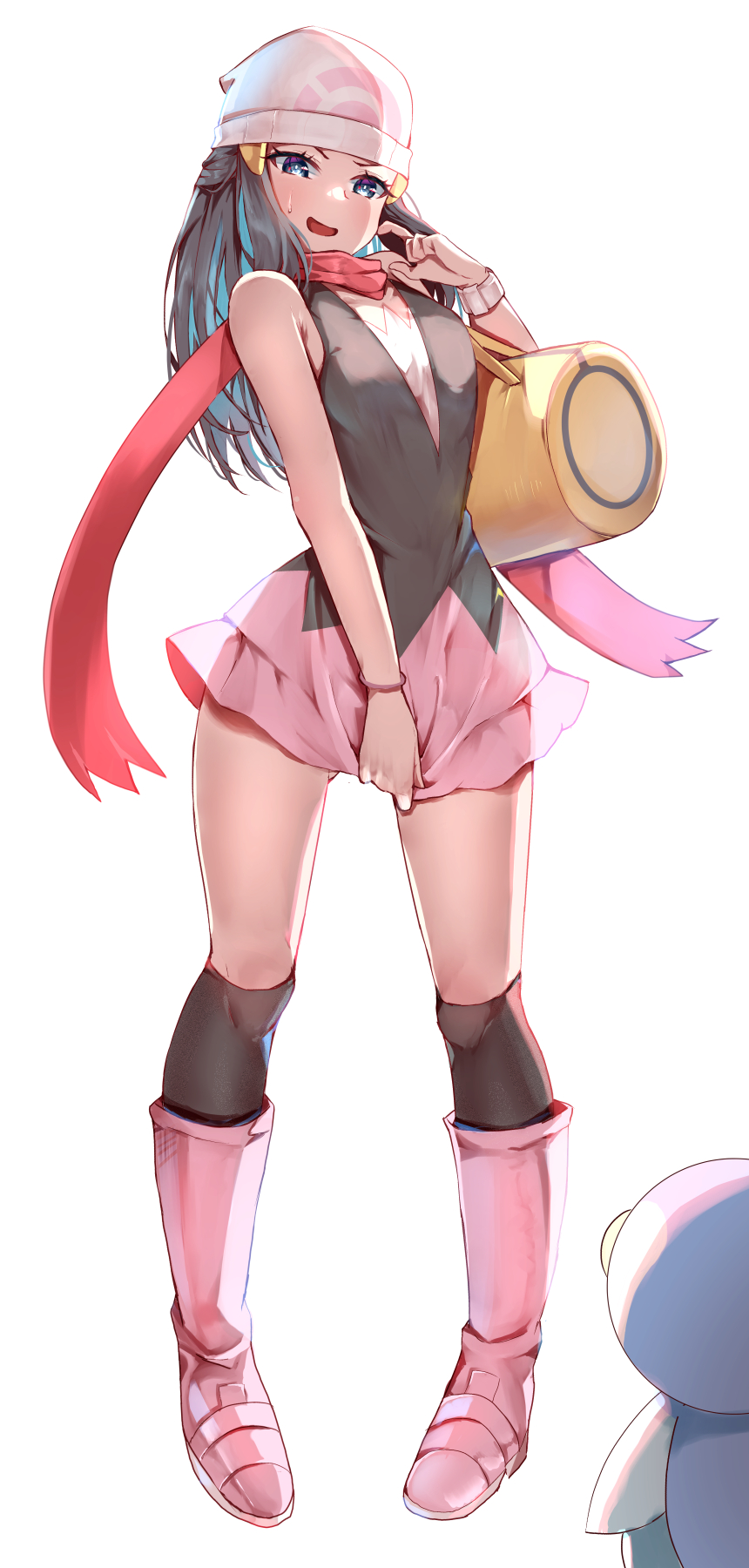 1girls, bag, beanie, black shirt, black socks, blue eyes, blue hair, boots, clothes pull, dawn (pokemon), female, gen 4 pokemon, hat, highres, long hair, miniskirt, momdy (talesshinja), nintendo, pink boots, piplup, pokemon, pokemon dppt, red scarf, scarf, shirt, sidelocks, simple background, skirt, skirt pull, skirt tug, sleeveless, sleeveless shirt, socks