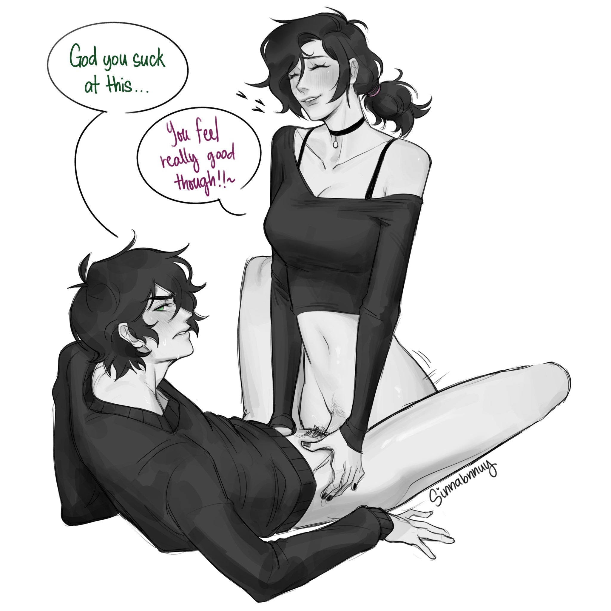 1boy, 1futa, andrew graves, ashley graves, black clothing, black hair, blush, bottomless, brother and sister, closed eyes, cuntboy, dialogue, english text, futa on cuntboy, futa on male, futanari, genderbent, genderswap, genderswap (ftm), genderswap (mtf), happy, incest, intersex, male, motion lines, parted lips, pubic hair, pussy, sex, sinnabnnuy, smile, text, the coffin of andy and leyley, trans man, trans woman, transfem, transmasc, uncolored, vaginal penetration