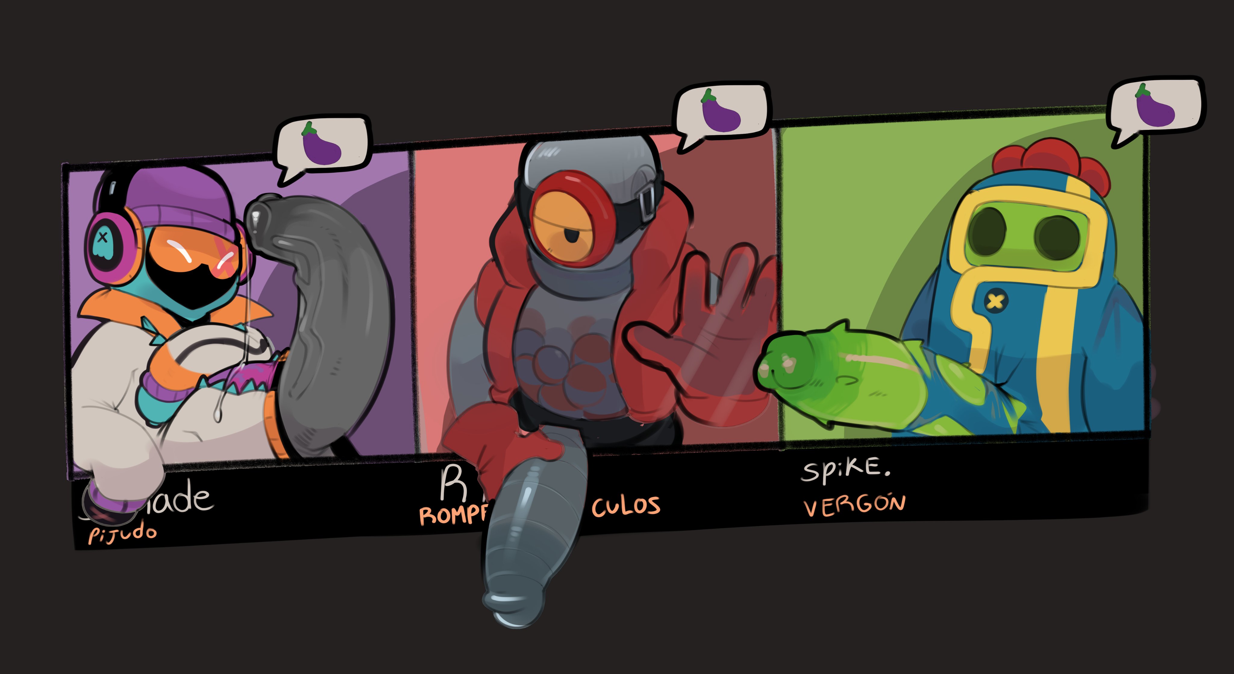 3boys, bfad, big penis, brawl stars, clothed, clothed male, clothing, eggplant, gay, ghost, gloves, green background, green skin, hat, headphones, headwear, huge cock, interspecies, jacket, looking at viewer, male, male only, male/male, official alternate costume, penis, penis grab, penis out, pochiiwa, precum, precum drip, purple background, red background, rico (brawl stars), robot, robot boy, shade (brawl stars), smaller male, spanish text, spike (brawl stars), spiked penis, text, threesome, trio, video games