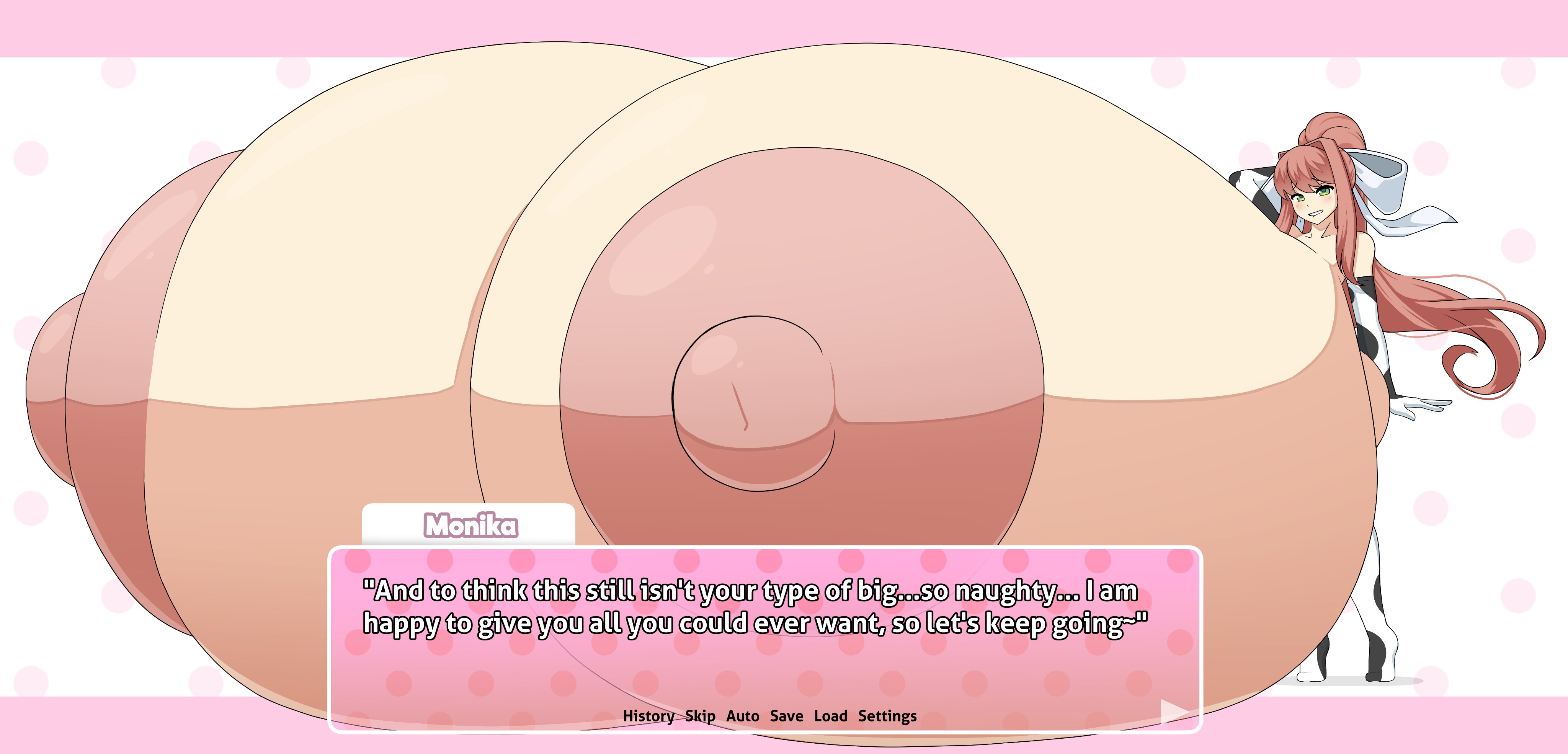 1girls, 2025, anime style, areolae, breast expansion, breast growth, breast growth (enlargement), breasts, breasts bigger than body, breasts bigger than head, breasts bigger than torso, brown hair, color, colossal breasts, cow print, doki doki literature club, female, female only, green eyes, growth, hi res, high resolution, highres, human only, hyper, hyper breasts, lactation, long hair, meat wall (body type), monika (doki doki literature club), moonika, nipples, sequence, solo, solo female, takano (artist), talking, talking to viewer, text, white bow