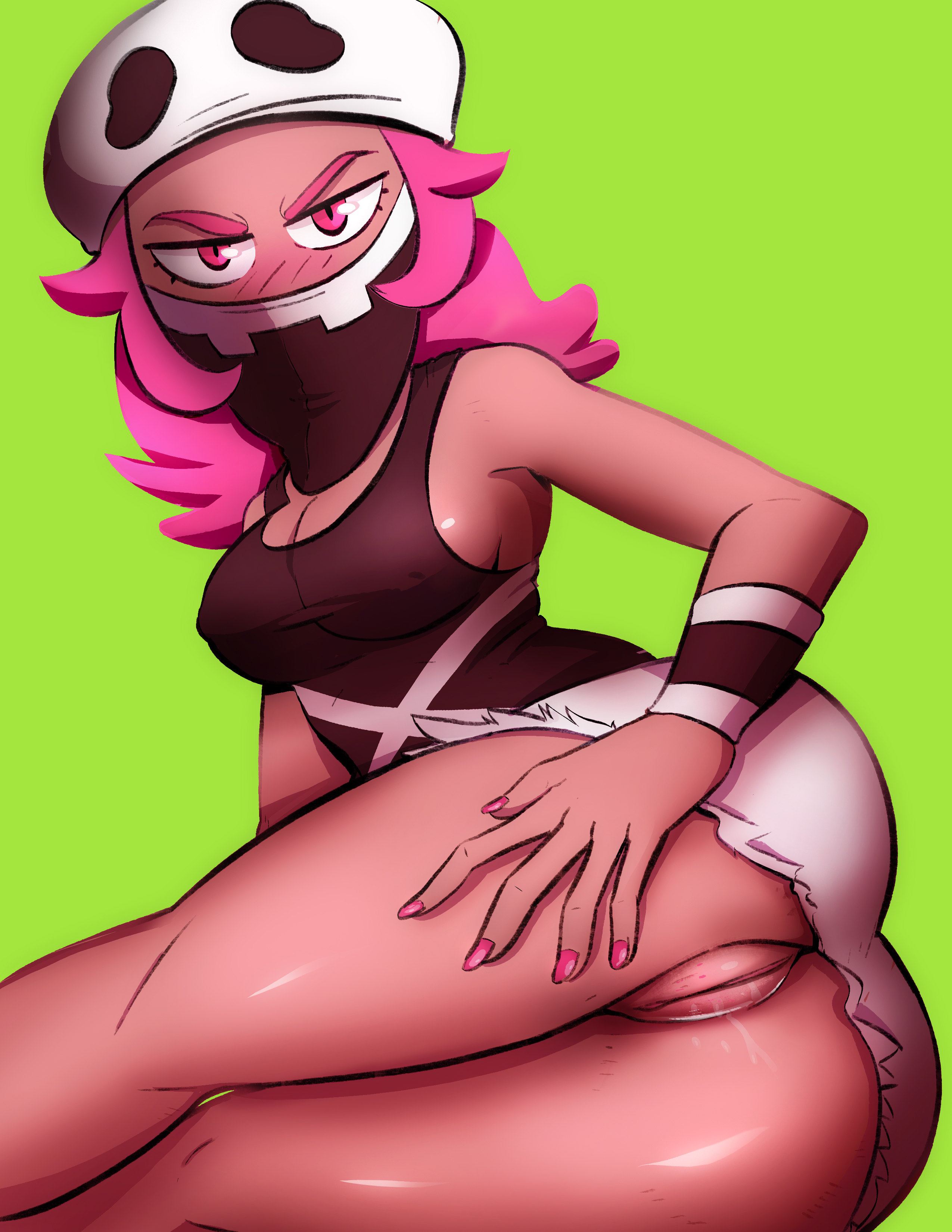 1girls, absurdres, ass, bare shoulders, big ass, blush, bottomless, breasts, cleavage, dark skin, dark-skinned female, eyelashes, female, female only, female team skull grunt, frown, green background, hairless pussy, half-closed eyes, hand on ass, hat, highres, hotkeke, hotkeke1, human, human female, human only, kneepits, large breasts, long hair, looking at viewer, looking back, mask, nail polish, nintendo, nipple bulge, no panties, on side, pink eyes, pink nails, pokemon, pokemon sm, presenting, presenting pussy, pussy, pussy juice, rapp (pokemon), shirt, shorts, sideboob, sidelocks, simple background, solo, solo female, solo human, sweatband, tank top, team skull, team skull grunt, team skull grunt (female)