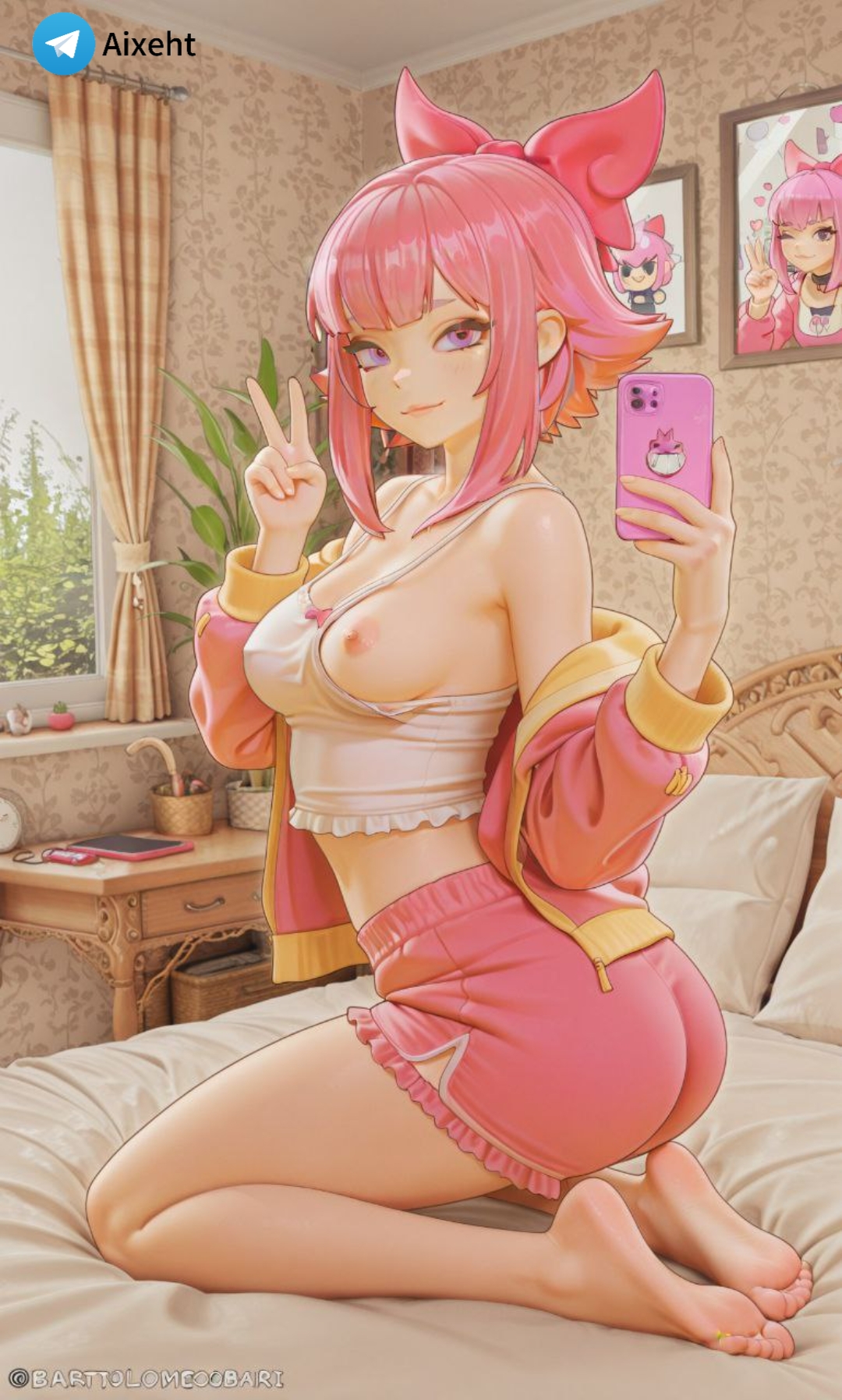 ai generated, brawl stars, breasts, breasts out, medium breasts, melodie (brawl stars), shorts, sitting, tank top