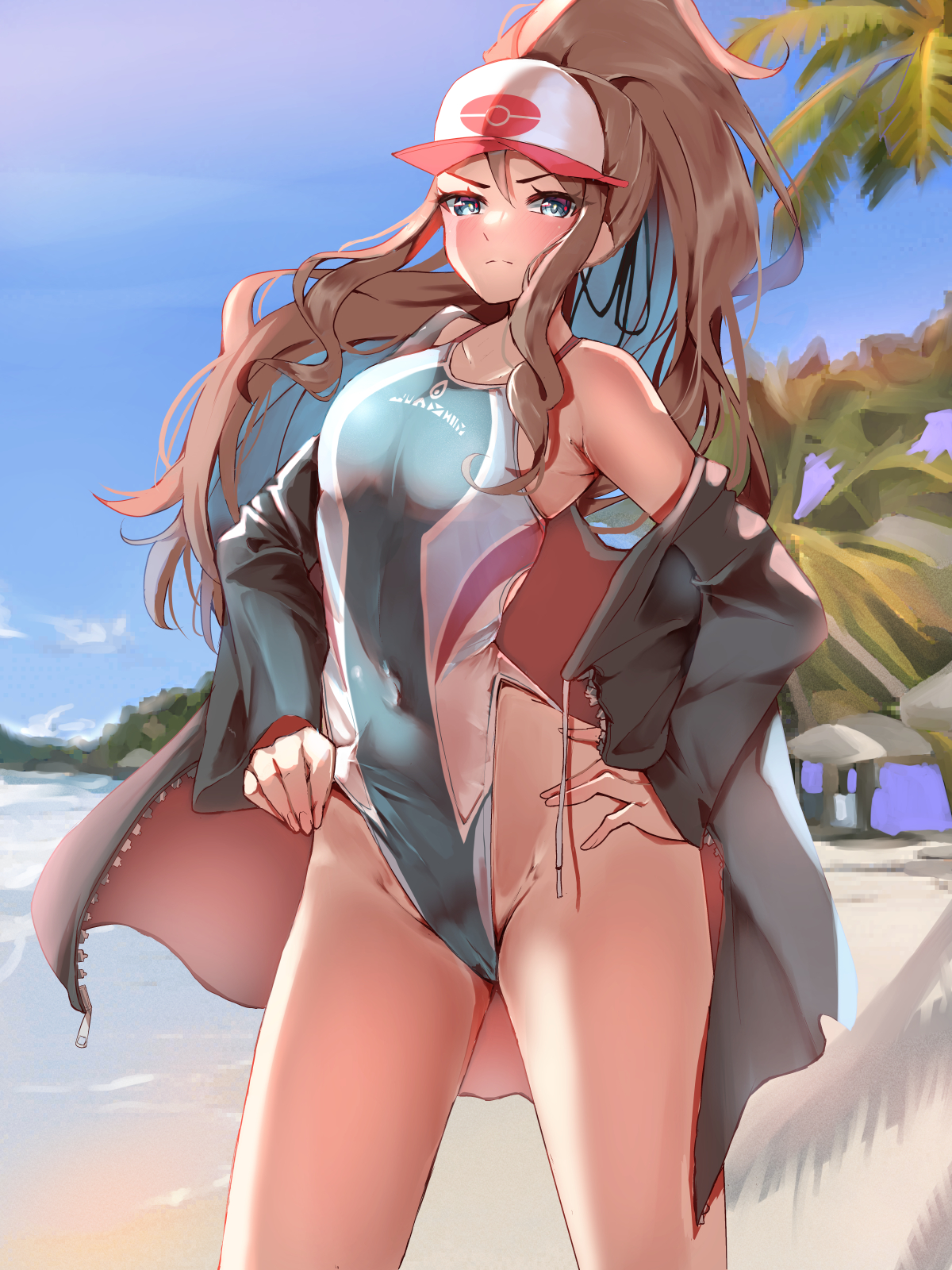1girls, baseball cap, beach, blue eyes, blue sky, blush, breasts, brown hair, competition swimsuit, covered navel, day, female, groin, hands on own hips, hat, high ponytail, highleg, highleg one-piece swimsuit, highres, hilda (pokemon), hood, hooded jacket, jacket, light frown, looking at viewer, medium breasts, momdy (talesshinja), nintendo, off shoulder, one-piece swimsuit, outdoors, pokemon, pokemon bw, ponytail, sky, solo, swimsuit, thighs, v-shaped eyebrows